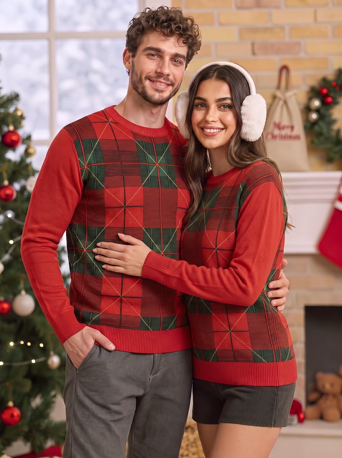 image:imageCOOFANDY Mens Christmas Sweaters Crewneck Funny Ugly Knitted PulloversChristmas Grid Red Green