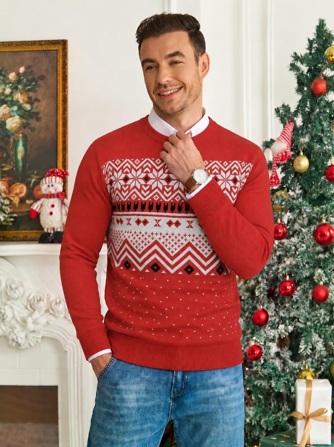 image:imageCOOFANDY Mens Christmas Sweaters Crewneck Funny Ugly Knitted PulloversChristmas Snowflake Red