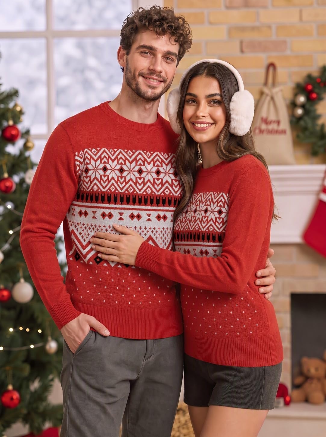 image:imageCOOFANDY Mens Christmas Sweaters Crewneck Funny Ugly Knitted PulloversChristmas Snowflake Red