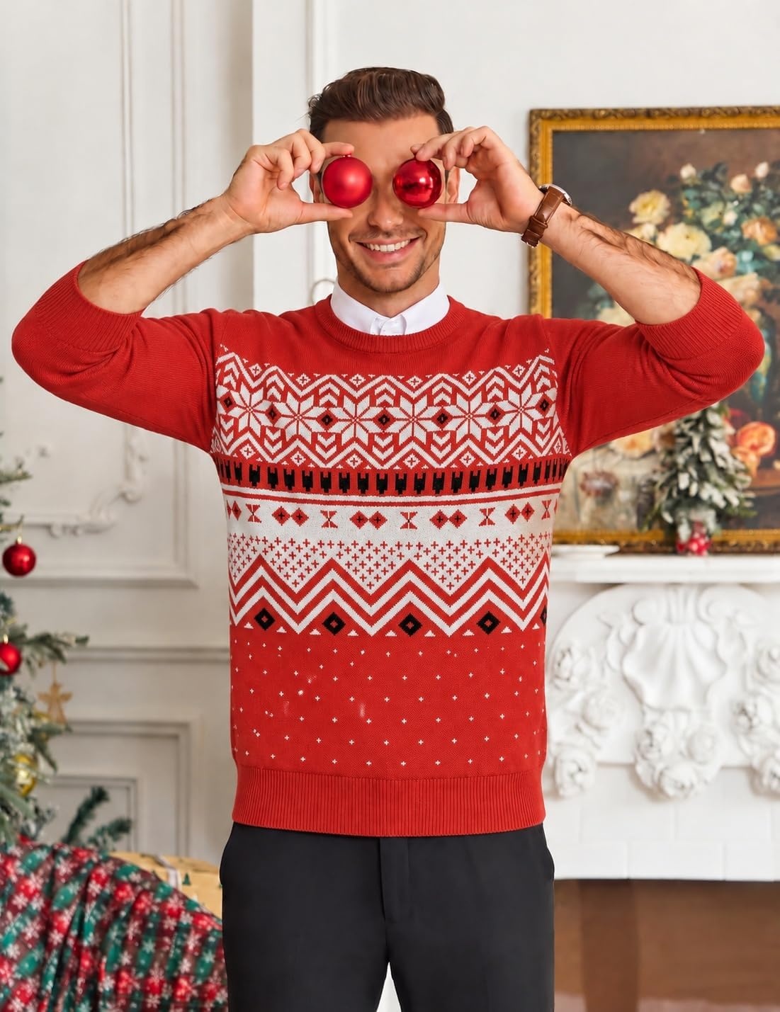 image:imageCOOFANDY Mens Christmas Sweaters Crewneck Funny Ugly Knitted PulloversChristmas Snowflake Red