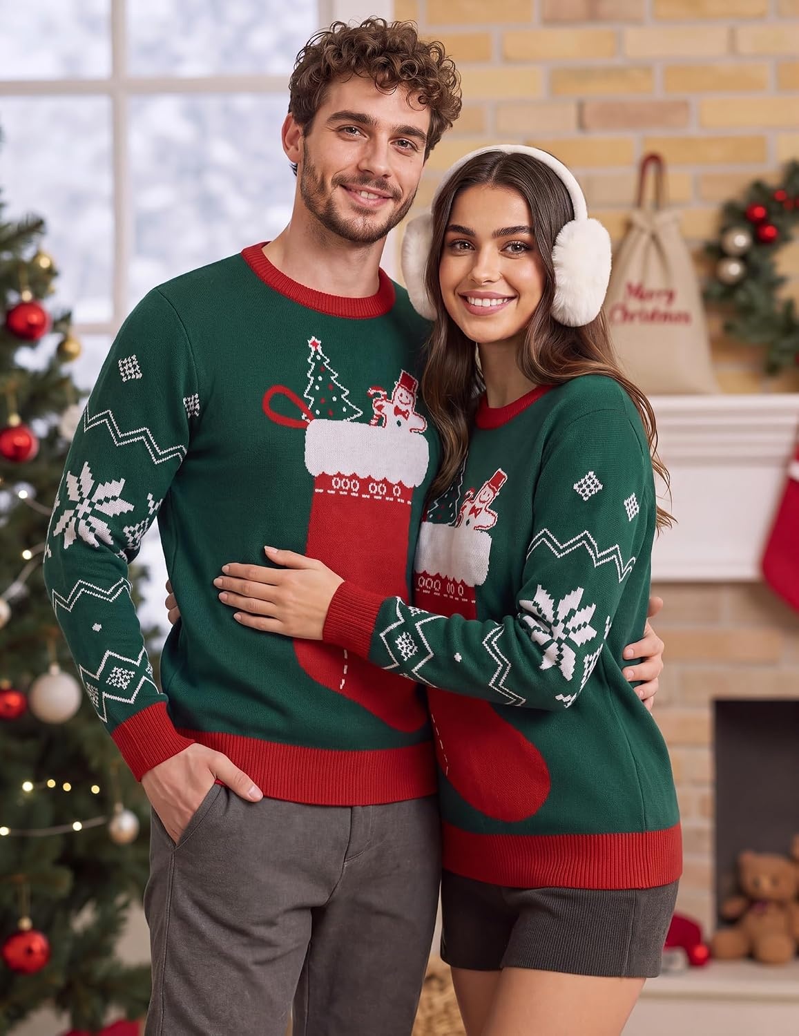 image:imageCOOFANDY Mens Christmas Sweaters Crewneck Funny Ugly Knitted PulloversChristmas Socks Green