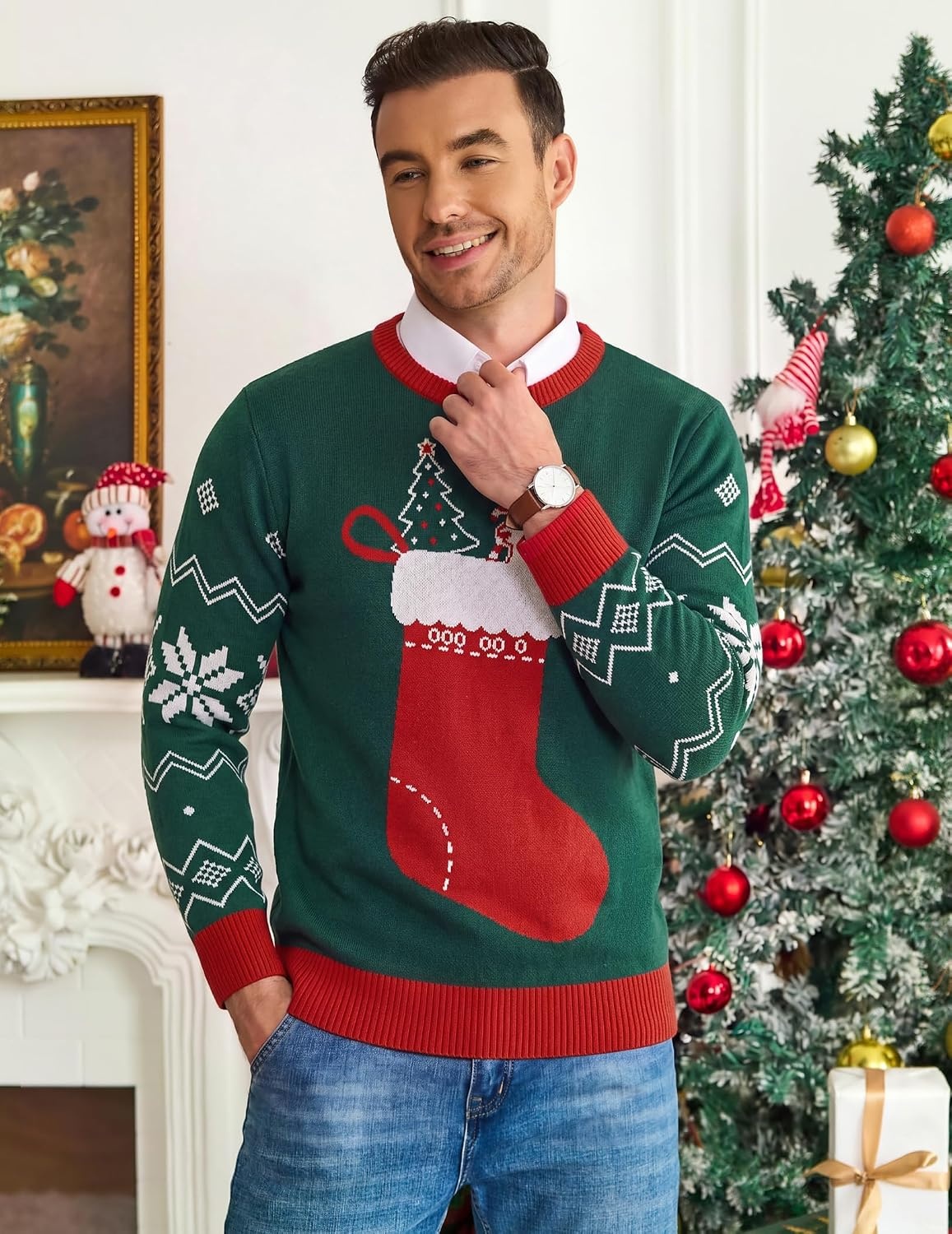 image:imageCOOFANDY Mens Christmas Sweaters Crewneck Funny Ugly Knitted PulloversChristmas Socks Green