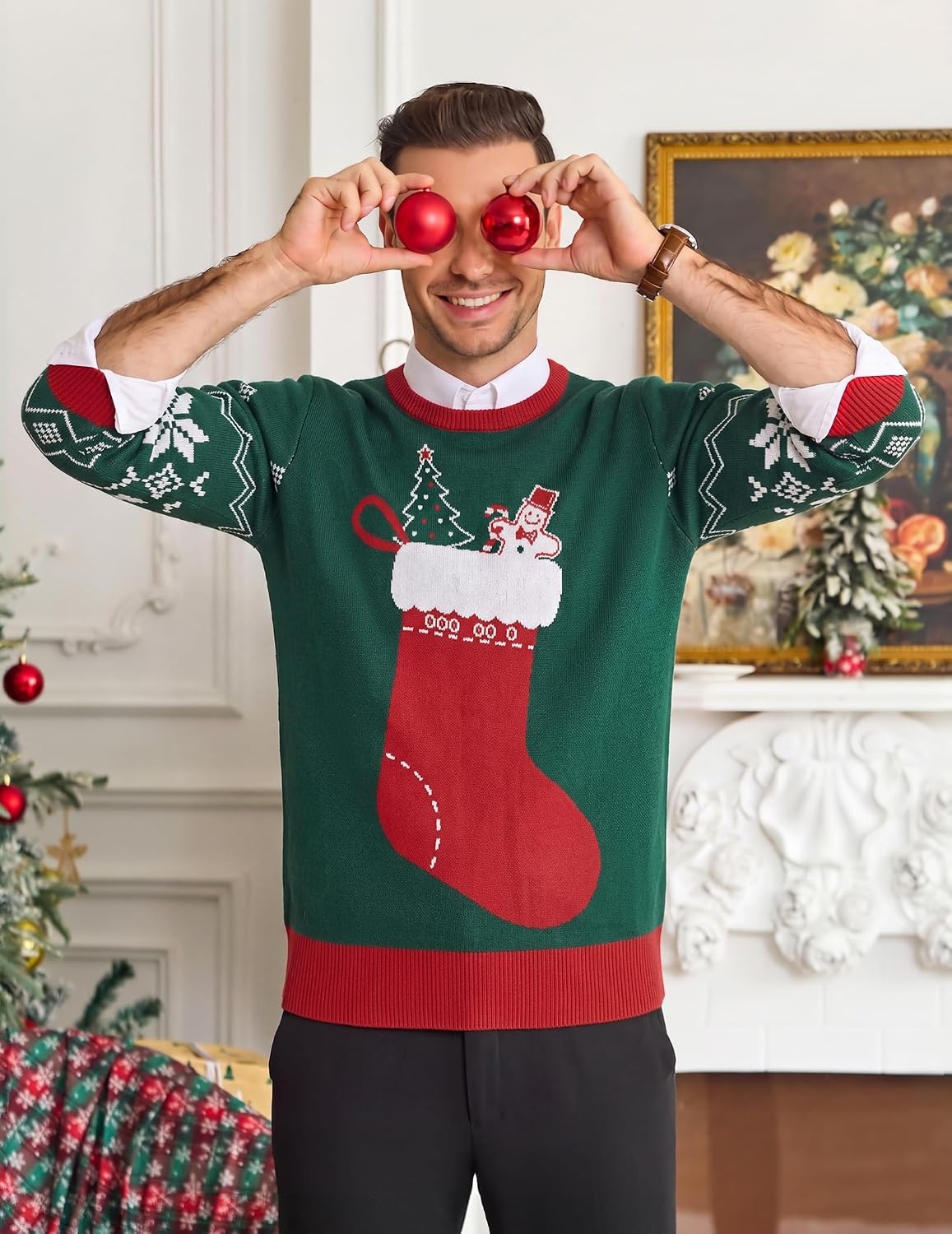 image:imageCOOFANDY Mens Christmas Sweaters Crewneck Funny Ugly Knitted PulloversChristmas Socks Green