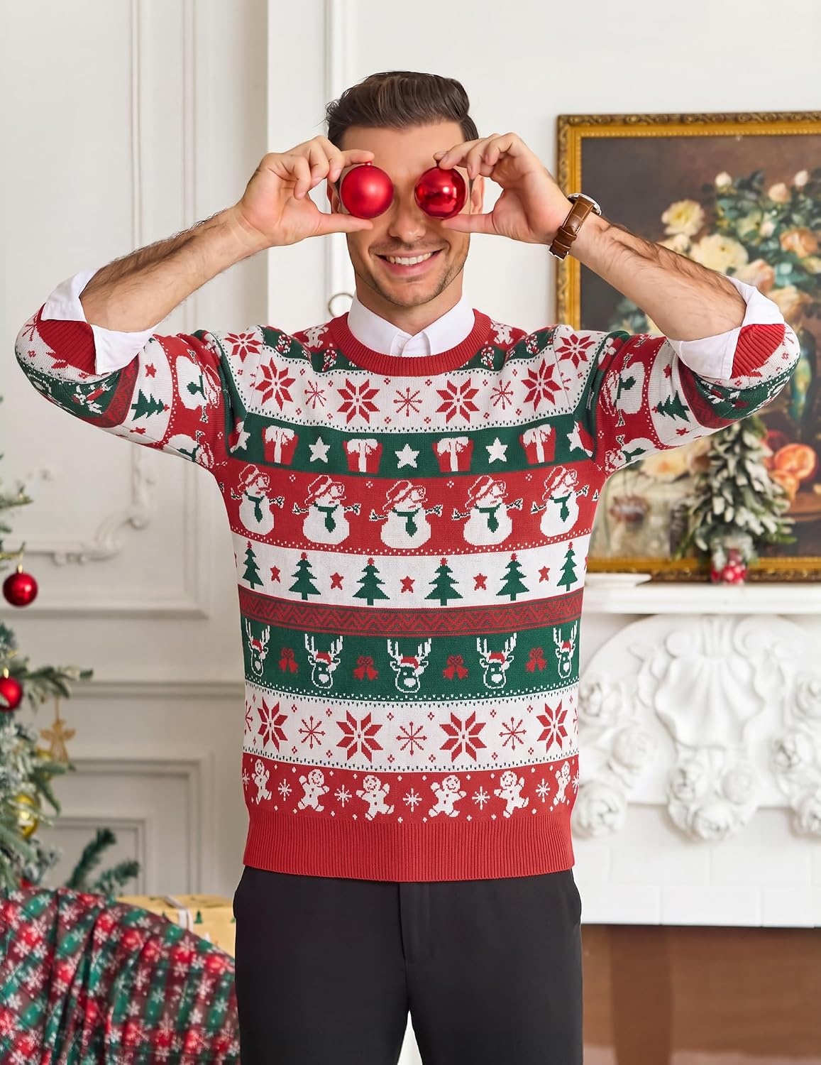 image:imageCOOFANDY Mens Christmas Sweaters Crewneck Funny Ugly Knitted PulloversFull Print Santa