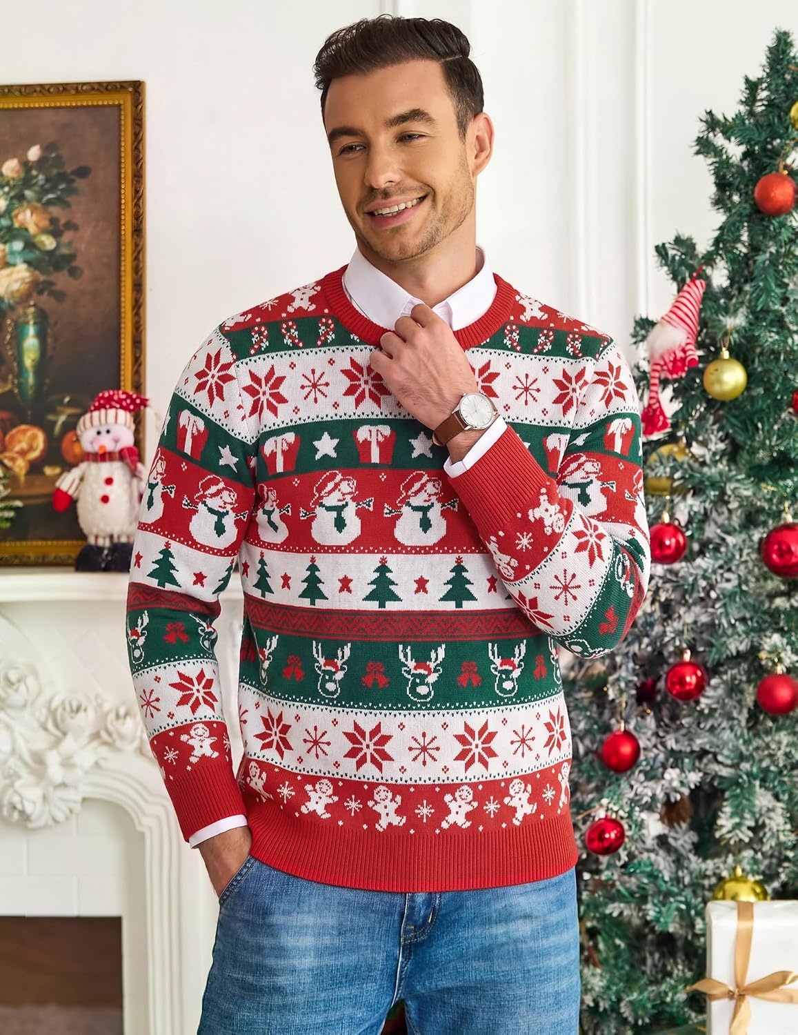 image:imageCOOFANDY Mens Christmas Sweaters Crewneck Funny Ugly Knitted PulloversFull Print Santa
