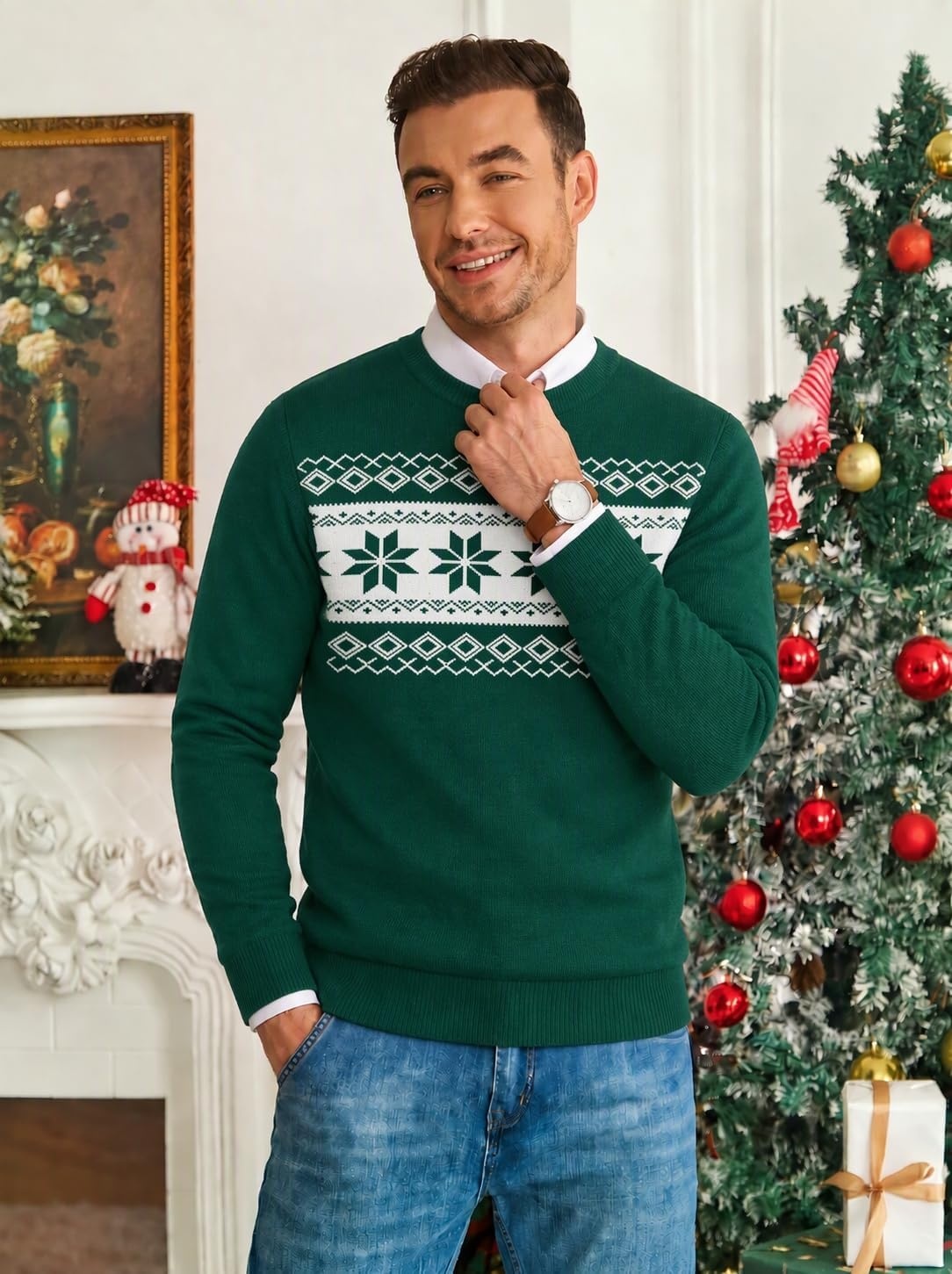 image:imageCOOFANDY Mens Christmas Sweaters Crewneck Funny Ugly Knitted PulloversGreen Snowflake