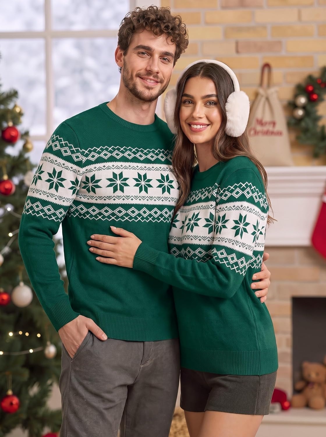 image:imageCOOFANDY Mens Christmas Sweaters Crewneck Funny Ugly Knitted PulloversGreen Snowflake