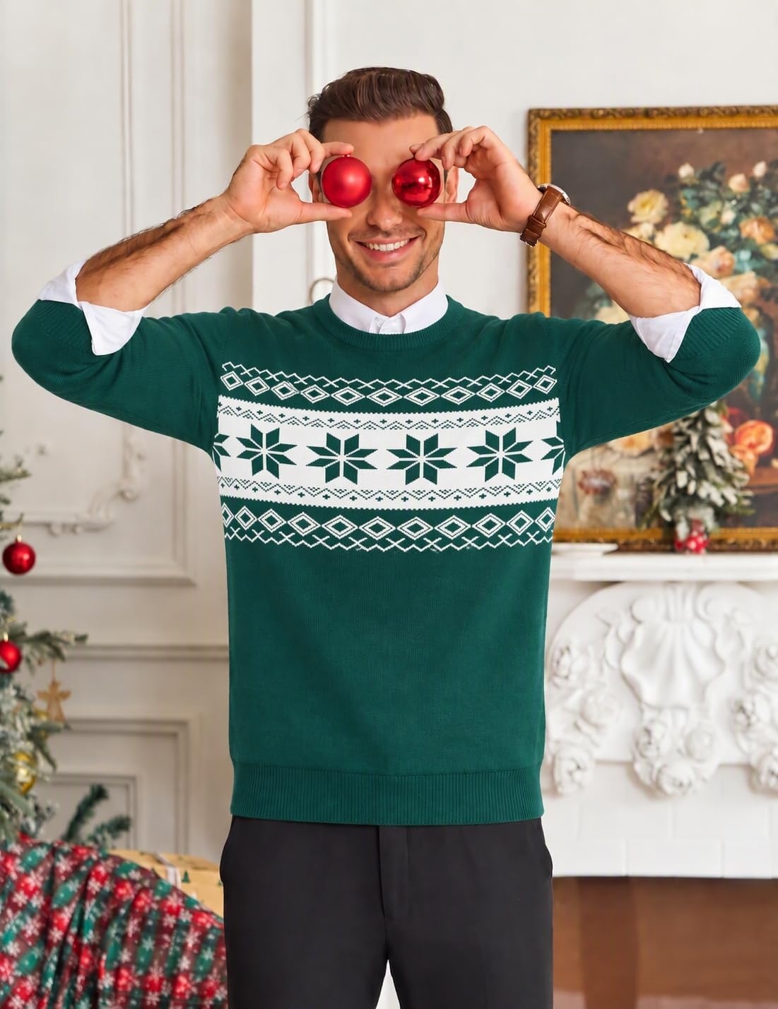 image:imageCOOFANDY Mens Christmas Sweaters Crewneck Funny Ugly Knitted PulloversGreen Snowflake