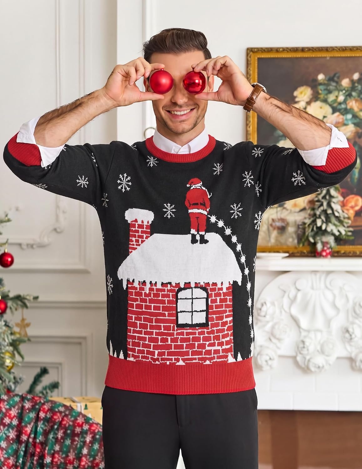 image:imageCOOFANDY Mens Christmas Sweaters Crewneck Funny Ugly Knitted PulloversLeaky Roof