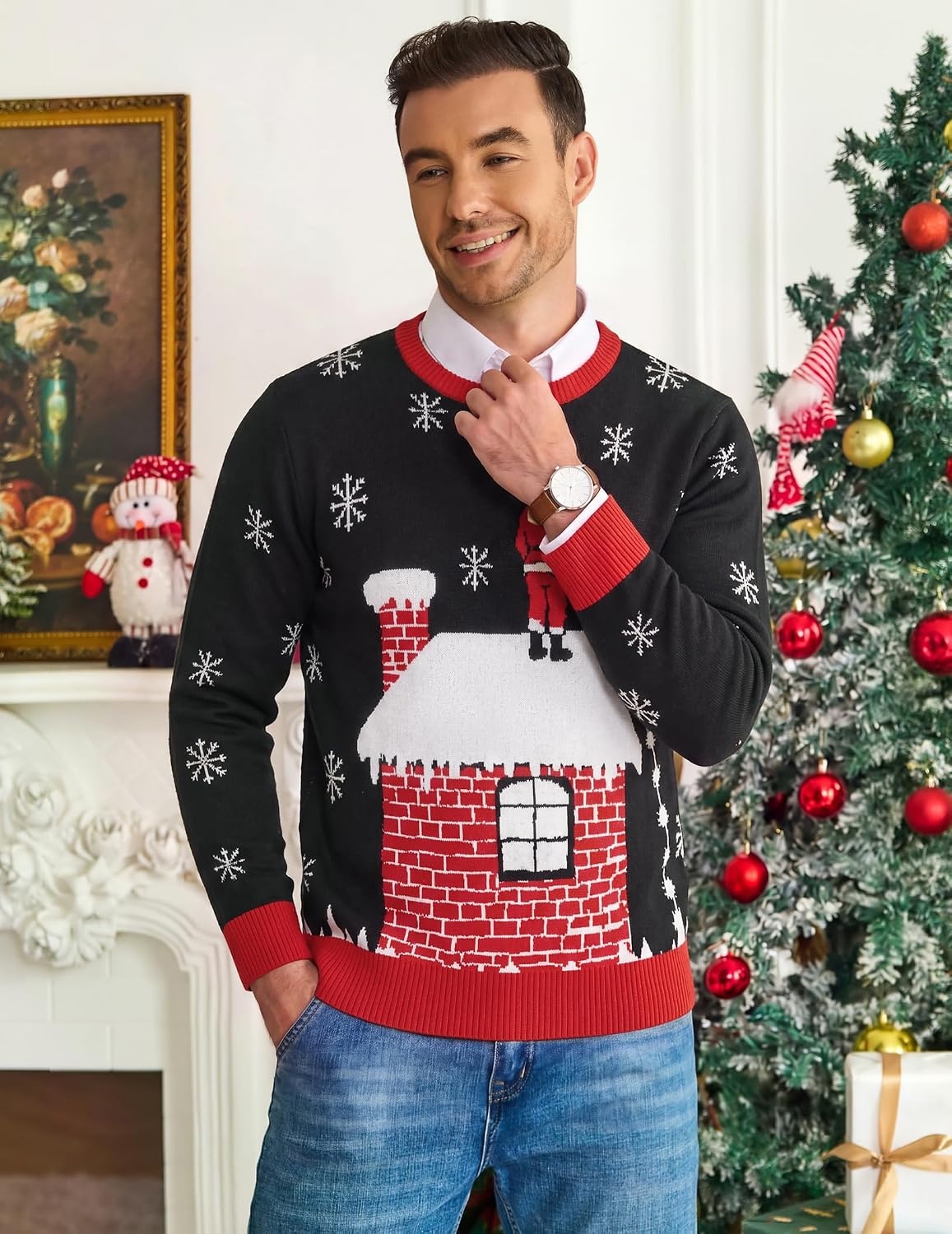 image:imageCOOFANDY Mens Christmas Sweaters Crewneck Funny Ugly Knitted PulloversLeaky Roof