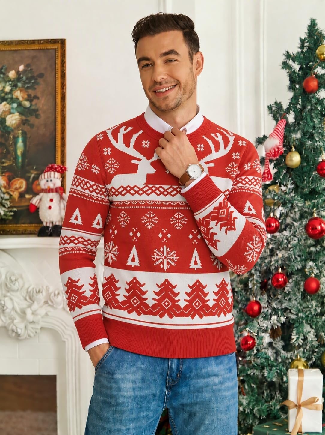 image:imageCOOFANDY Mens Christmas Sweaters Crewneck Funny Ugly Knitted PulloversRed Reindeer