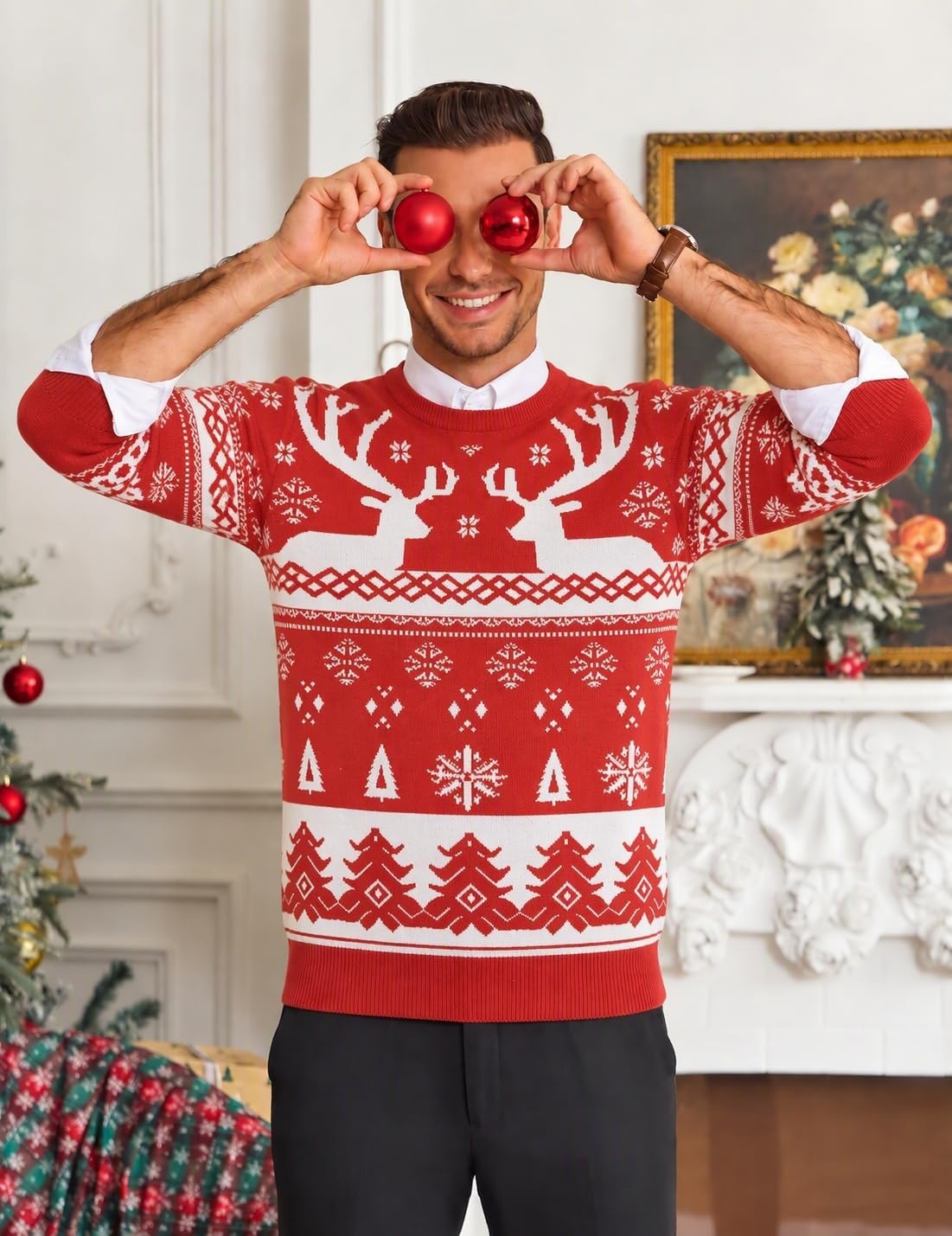 image:imageCOOFANDY Mens Christmas Sweaters Crewneck Funny Ugly Knitted PulloversRed Reindeer