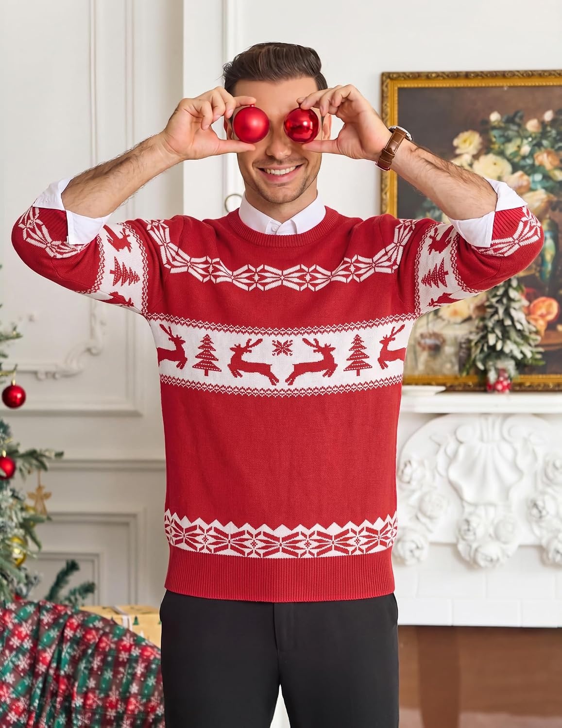 image:imageCOOFANDY Mens Christmas Sweaters Crewneck Funny Ugly Knitted PulloversReindeer Christmas Tree