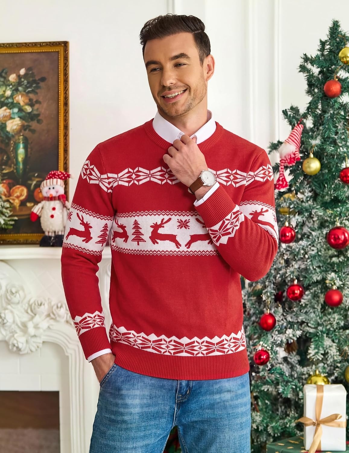 image:imageCOOFANDY Mens Christmas Sweaters Crewneck Funny Ugly Knitted PulloversReindeer Christmas Tree