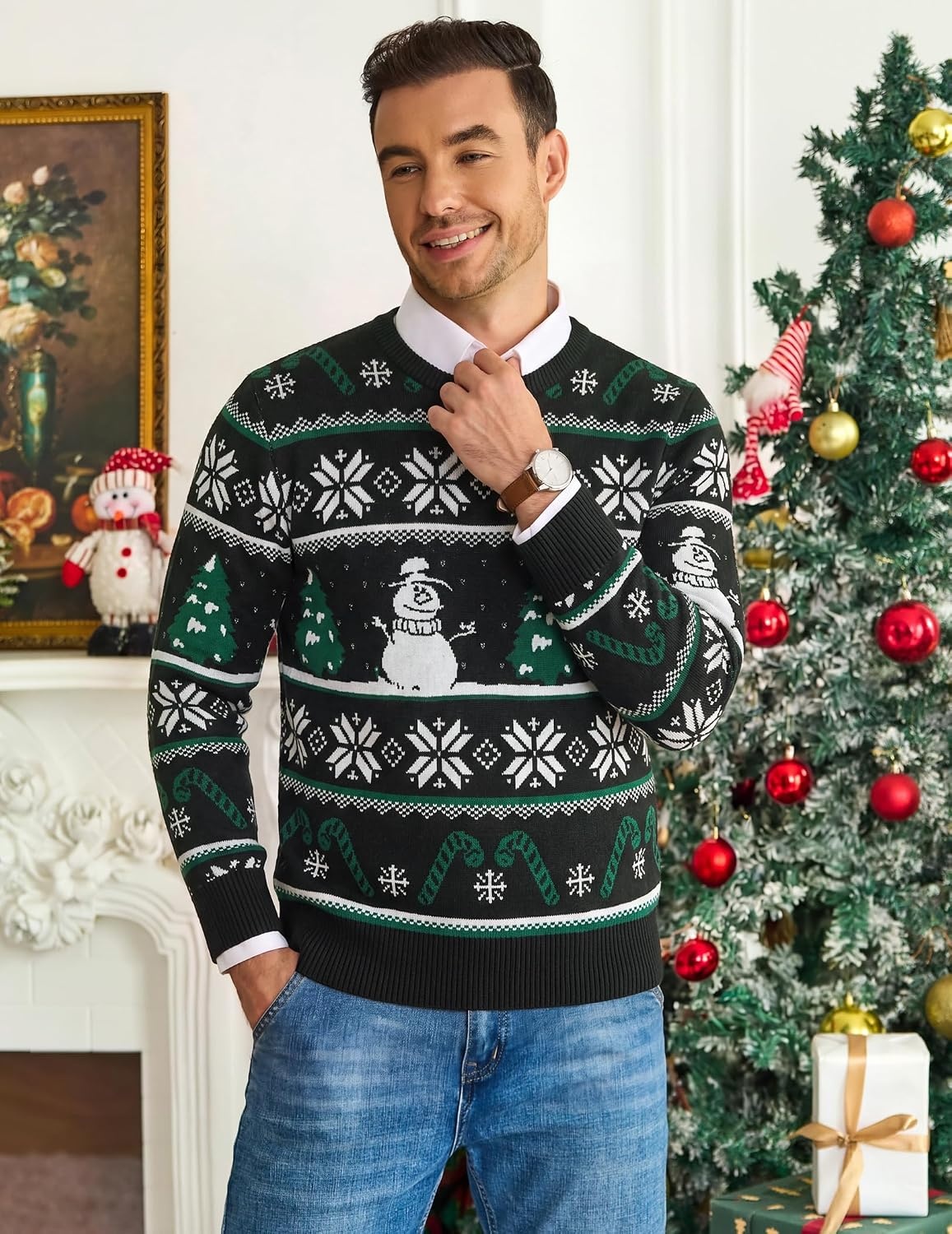 image:imageCOOFANDY Mens Christmas Sweaters Crewneck Funny Ugly Knitted PulloversStriped Snowman