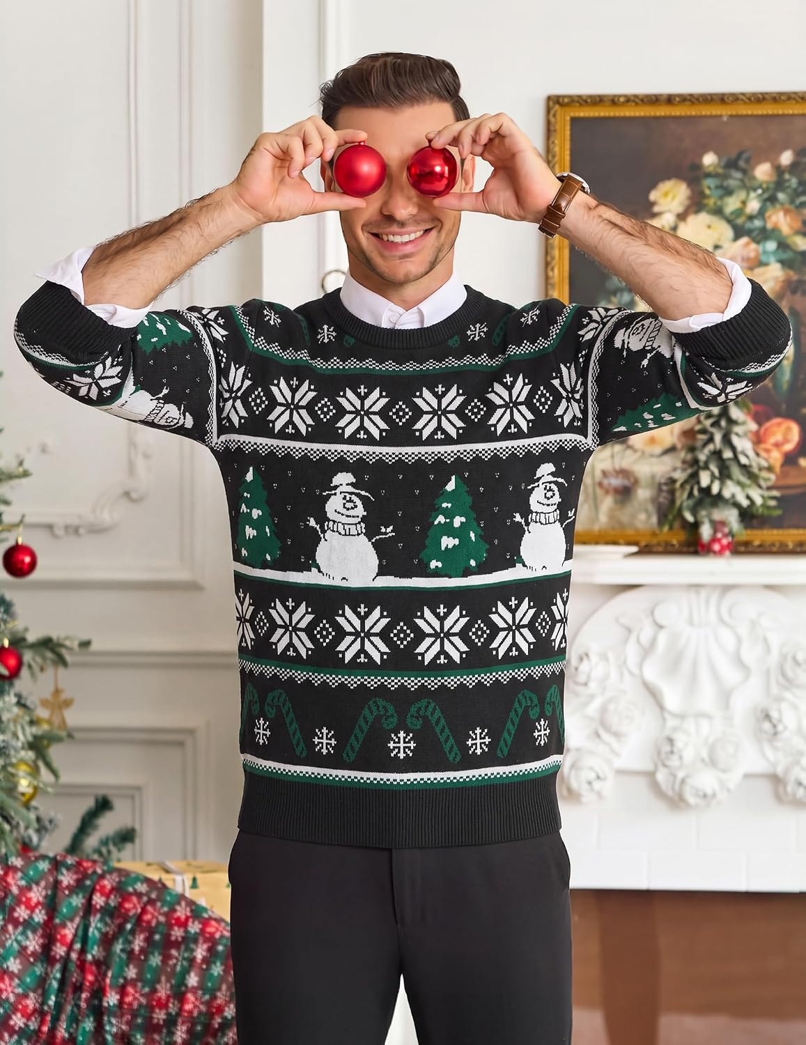 image:imageCOOFANDY Mens Christmas Sweaters Crewneck Funny Ugly Knitted PulloversStriped Snowman