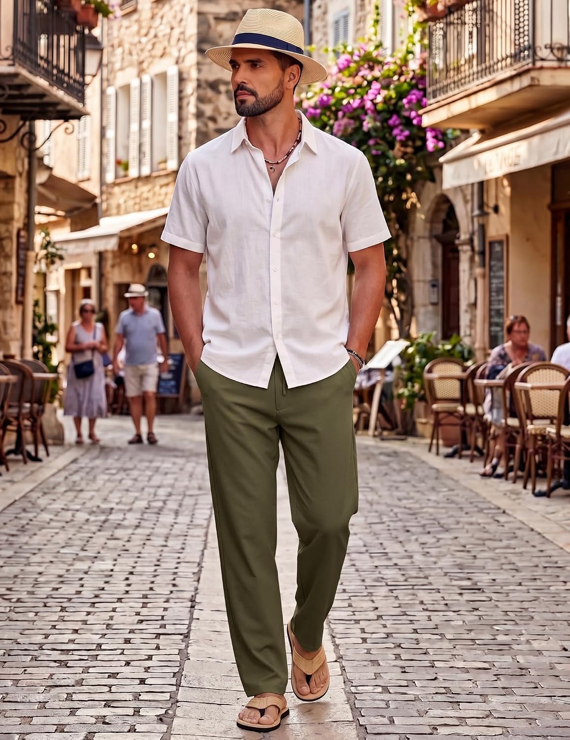 image:imageCOOFANDY Mens Cotton Linen Pants Casual Lightweight Summer Beach Dress PantOlive Green