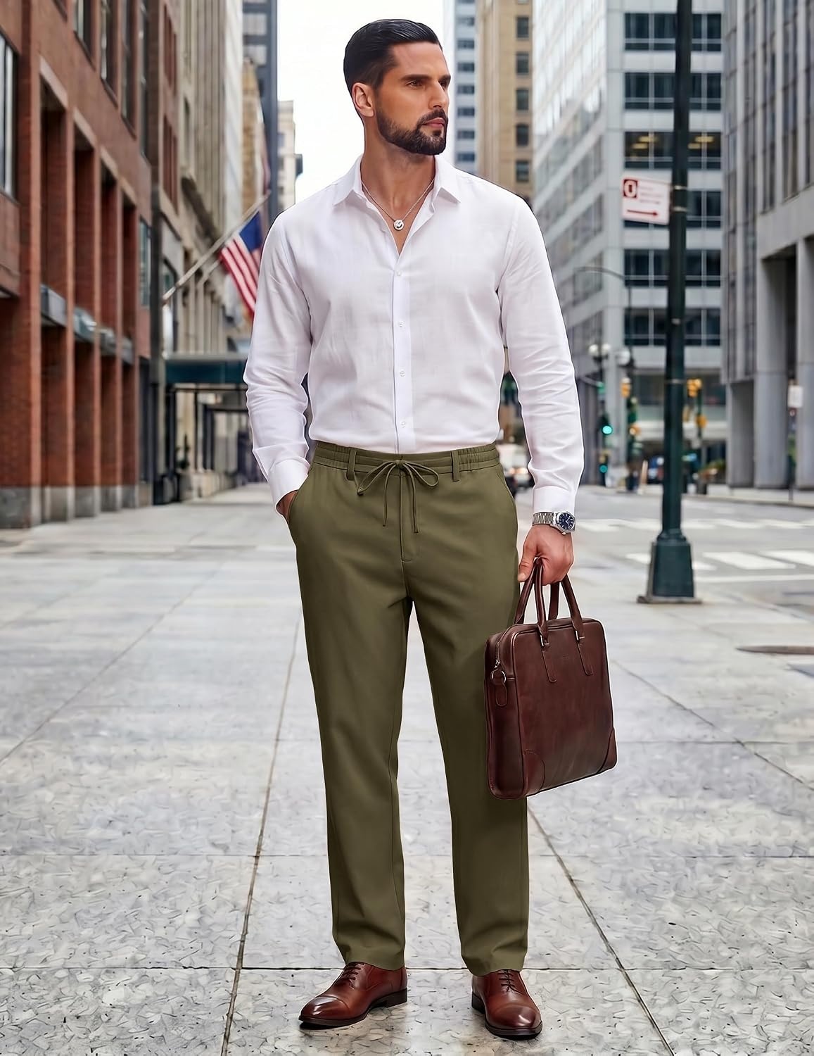 image:imageCOOFANDY Mens Cotton Linen Pants Casual Lightweight Summer Beach Dress PantOlive Green