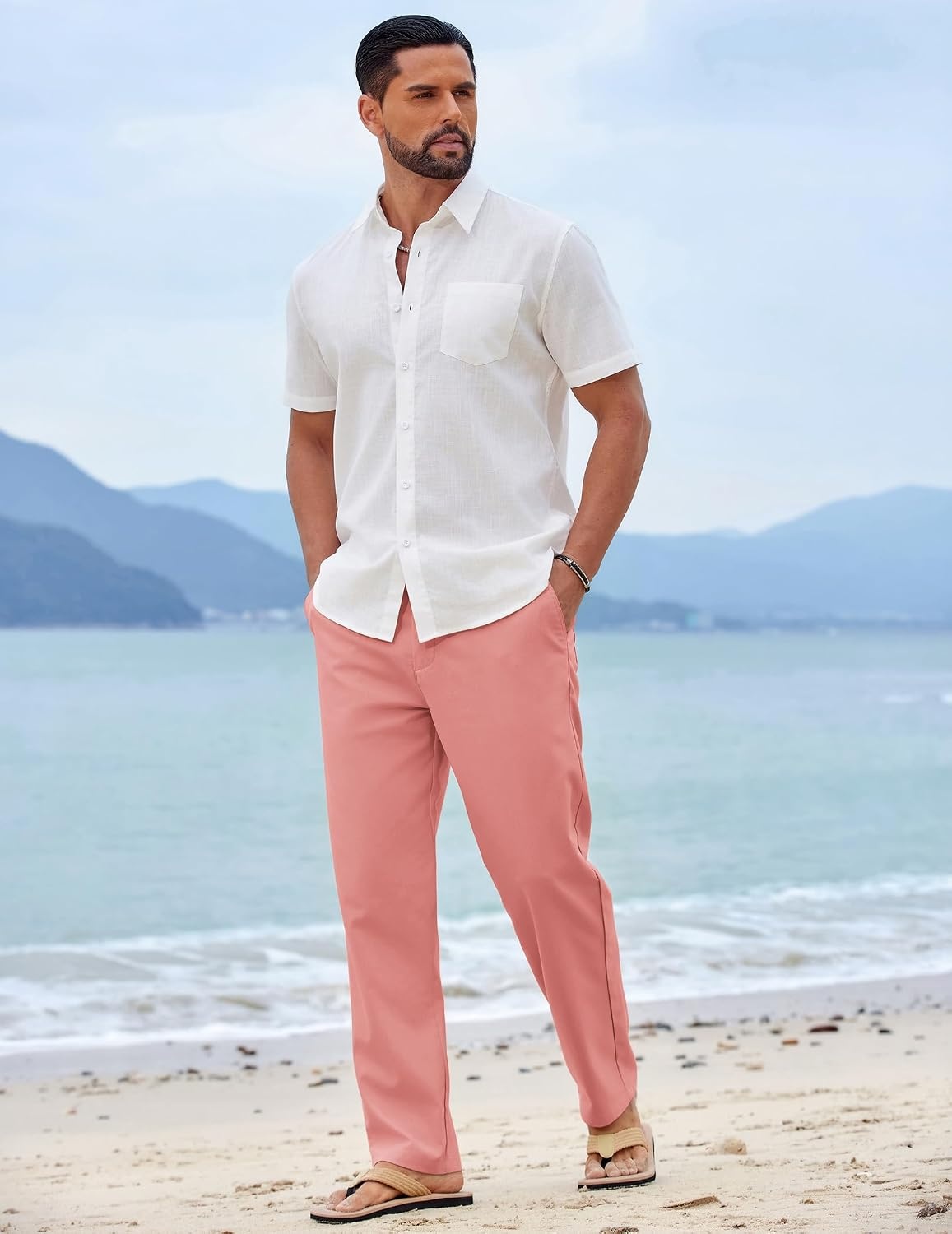 image:imageCOOFANDY Mens Cotton Linen Pants Casual Lightweight Summer Beach Dress PantPink