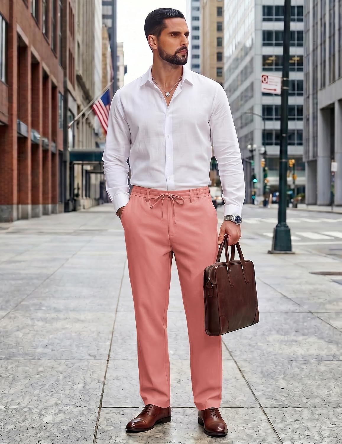 image:imageCOOFANDY Mens Cotton Linen Pants Casual Lightweight Summer Beach Dress PantPink
