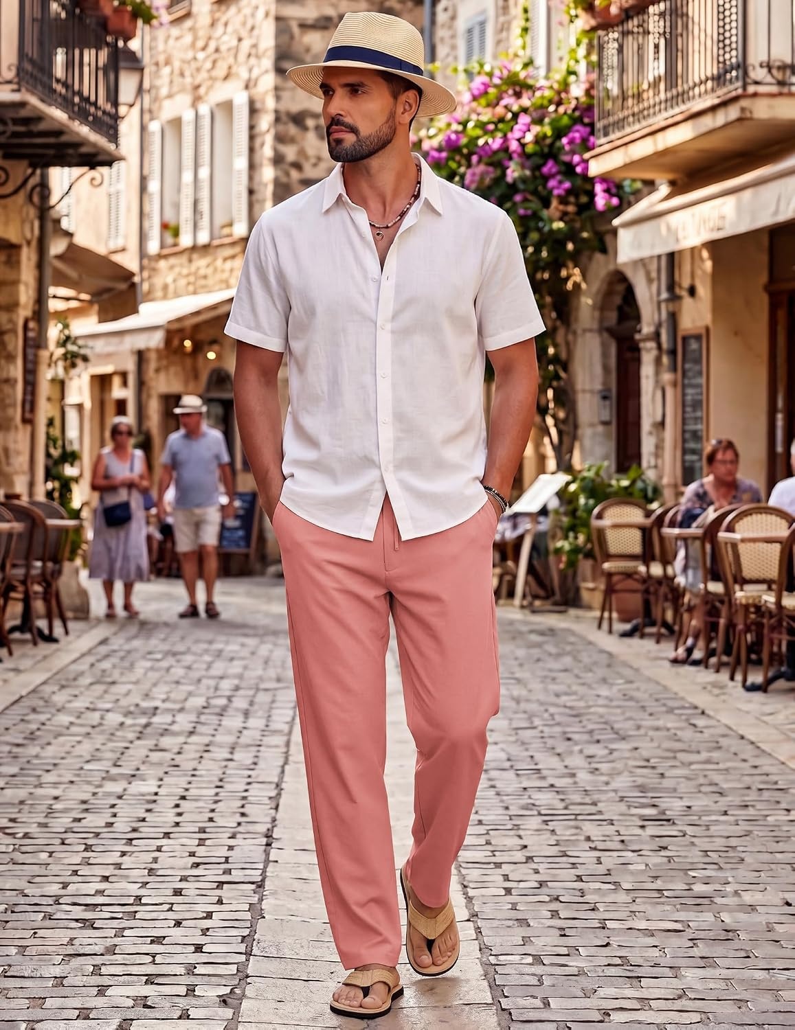 image:imageCOOFANDY Mens Cotton Linen Pants Casual Lightweight Summer Beach Dress PantPink