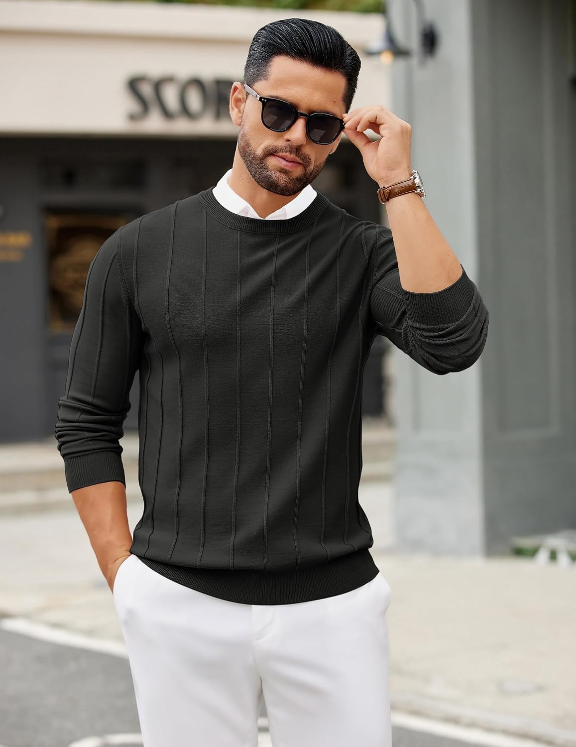 image:imageCOOFANDY Mens Crew Neck Sweater Long Sleeve Casual Knit Dress SweatersBlack