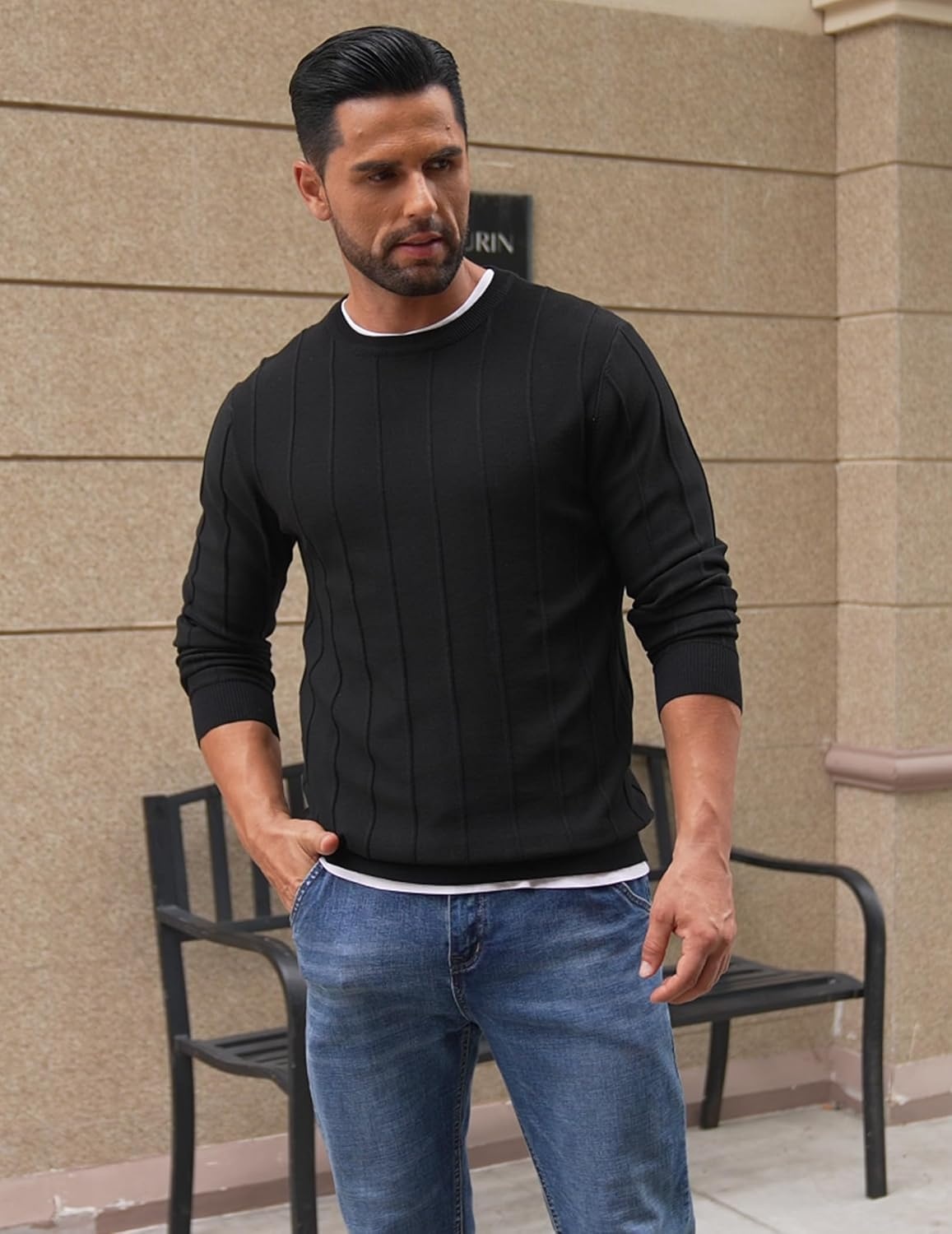 image:imageCOOFANDY Mens Crew Neck Sweater Long Sleeve Casual Knit Dress SweatersBlack
