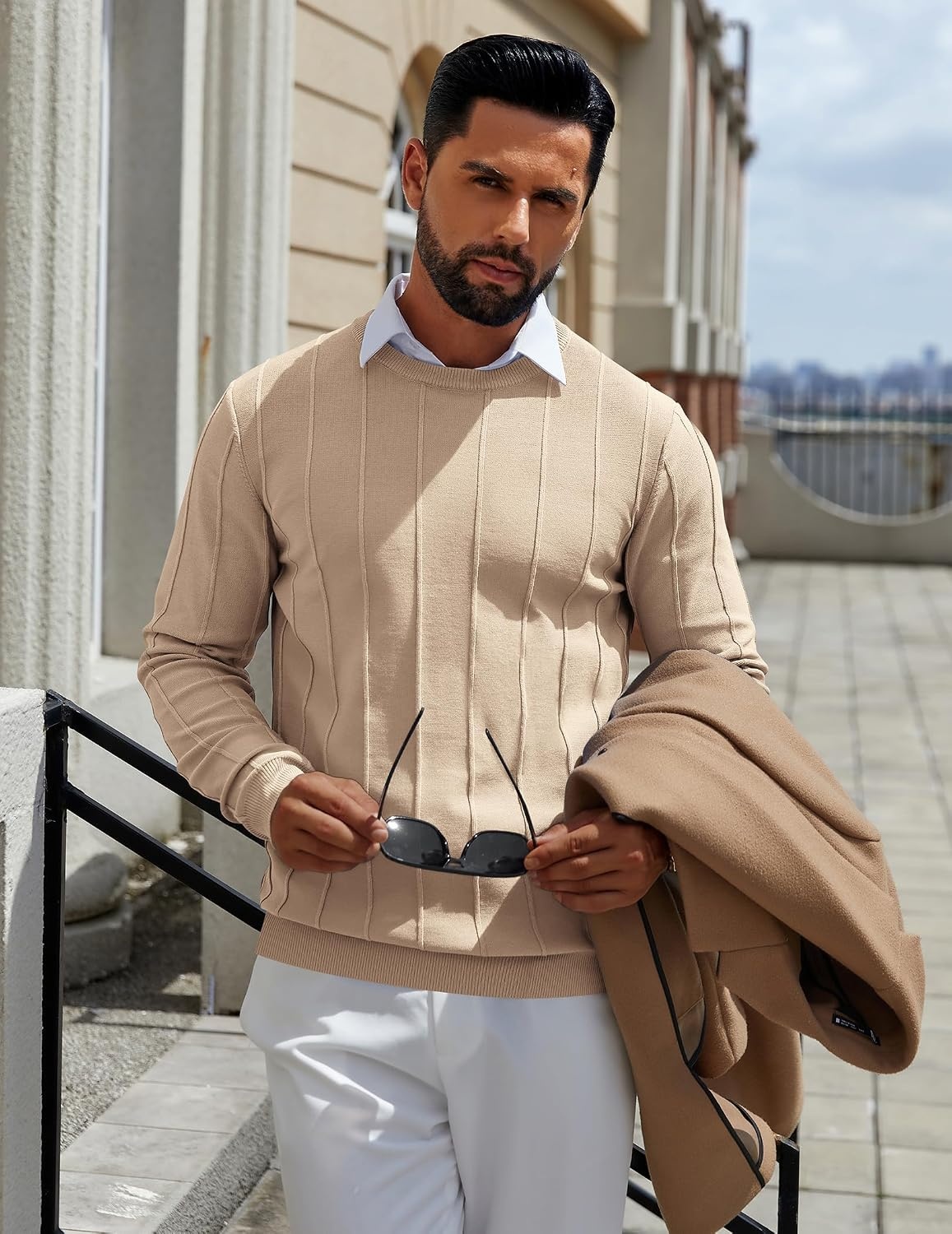 image:imageCOOFANDY Mens Crew Neck Sweater Long Sleeve Casual Knit Dress SweatersKhaki