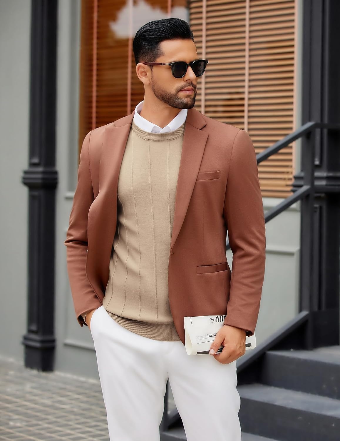 image:imageCOOFANDY Mens Crew Neck Sweater Long Sleeve Casual Knit Dress SweatersKhaki