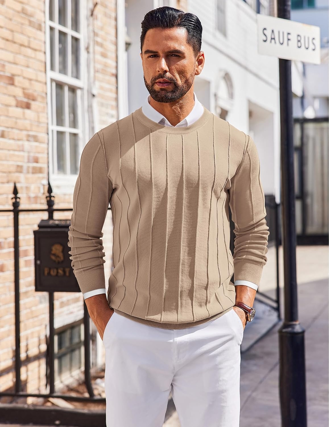 image:imageCOOFANDY Mens Crew Neck Sweater Long Sleeve Casual Knit Dress SweatersKhaki