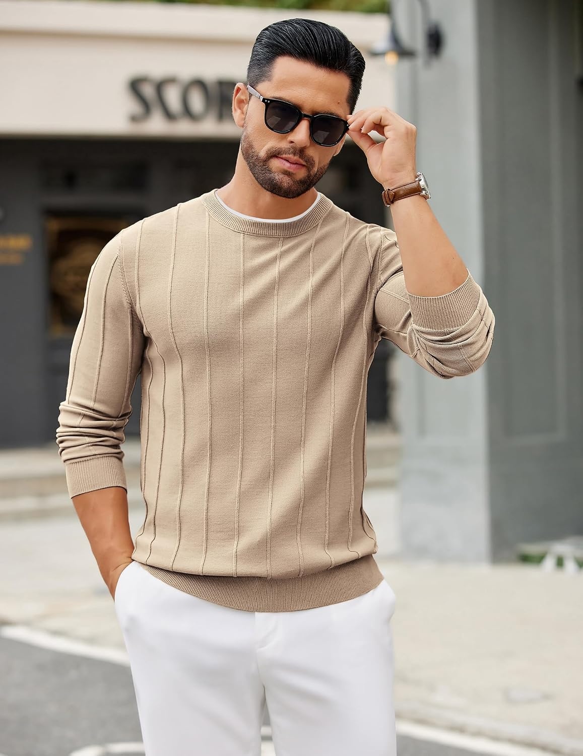 image:imageCOOFANDY Mens Crew Neck Sweater Long Sleeve Casual Knit Dress SweatersKhaki