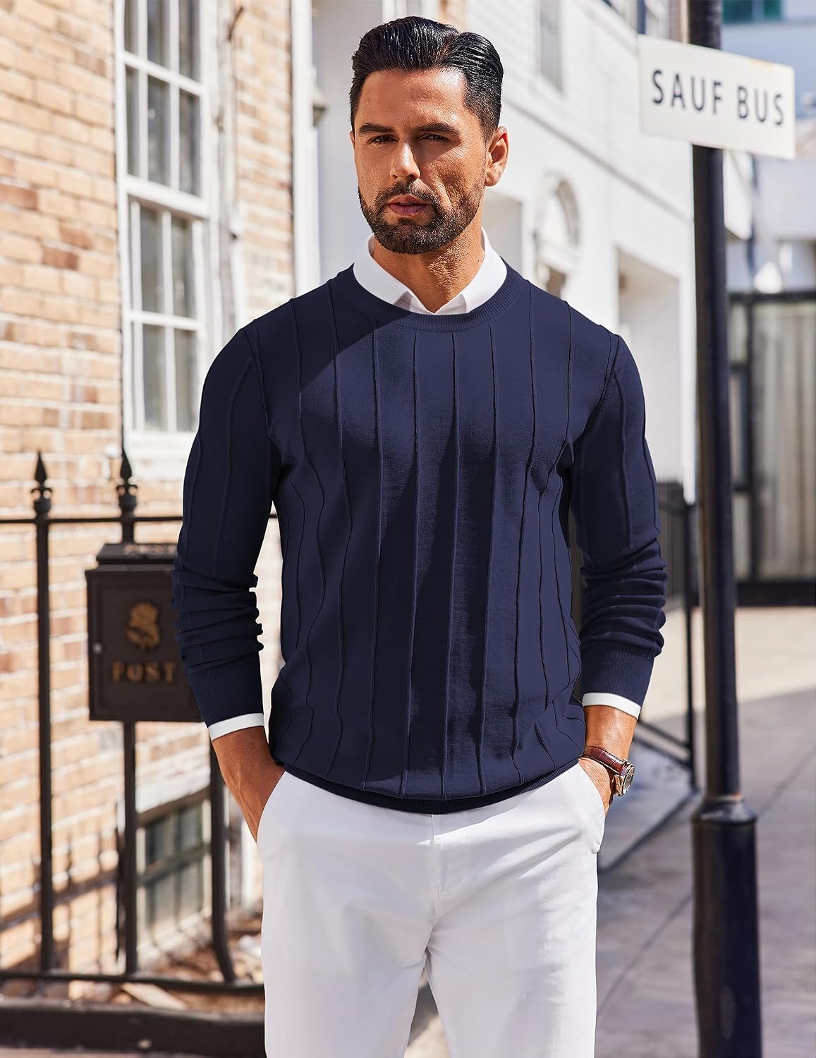 image:imageCOOFANDY Mens Crew Neck Sweater Long Sleeve Casual Knit Dress SweatersNavy Blue