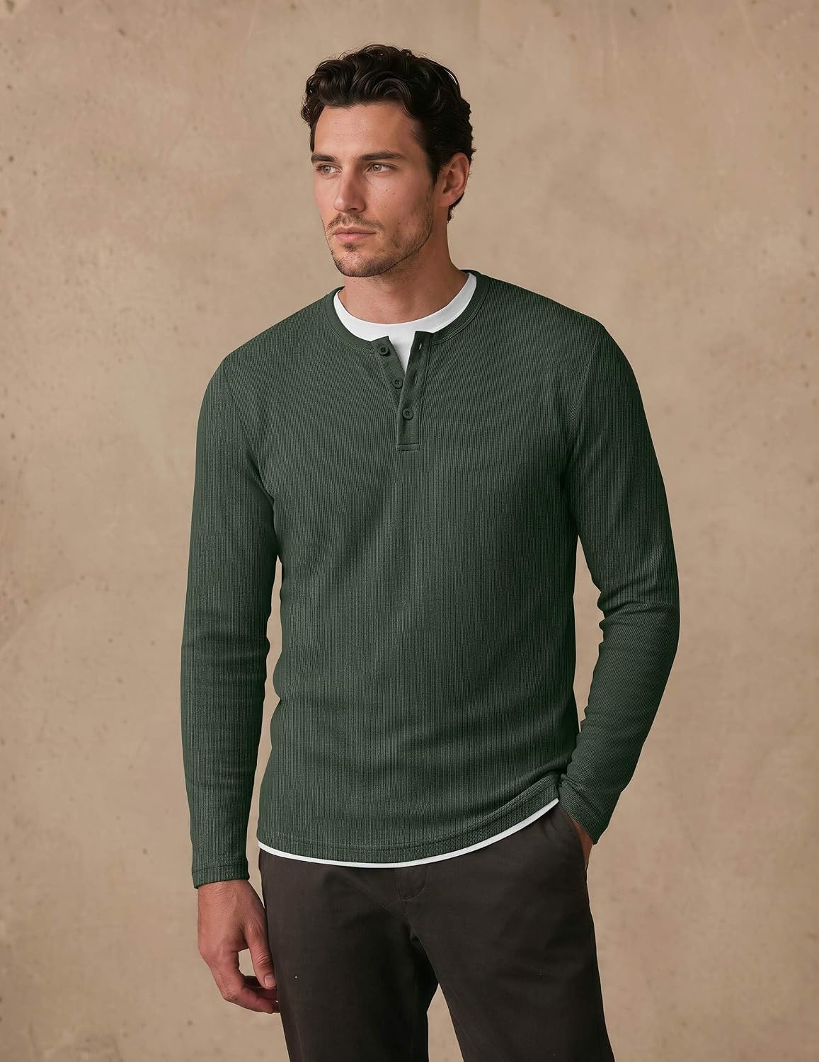 image:imageCOOFANDY Mens Henley Long Sleeve Shirt Lightweight Ribbed Pullover TShirtsArmy Green