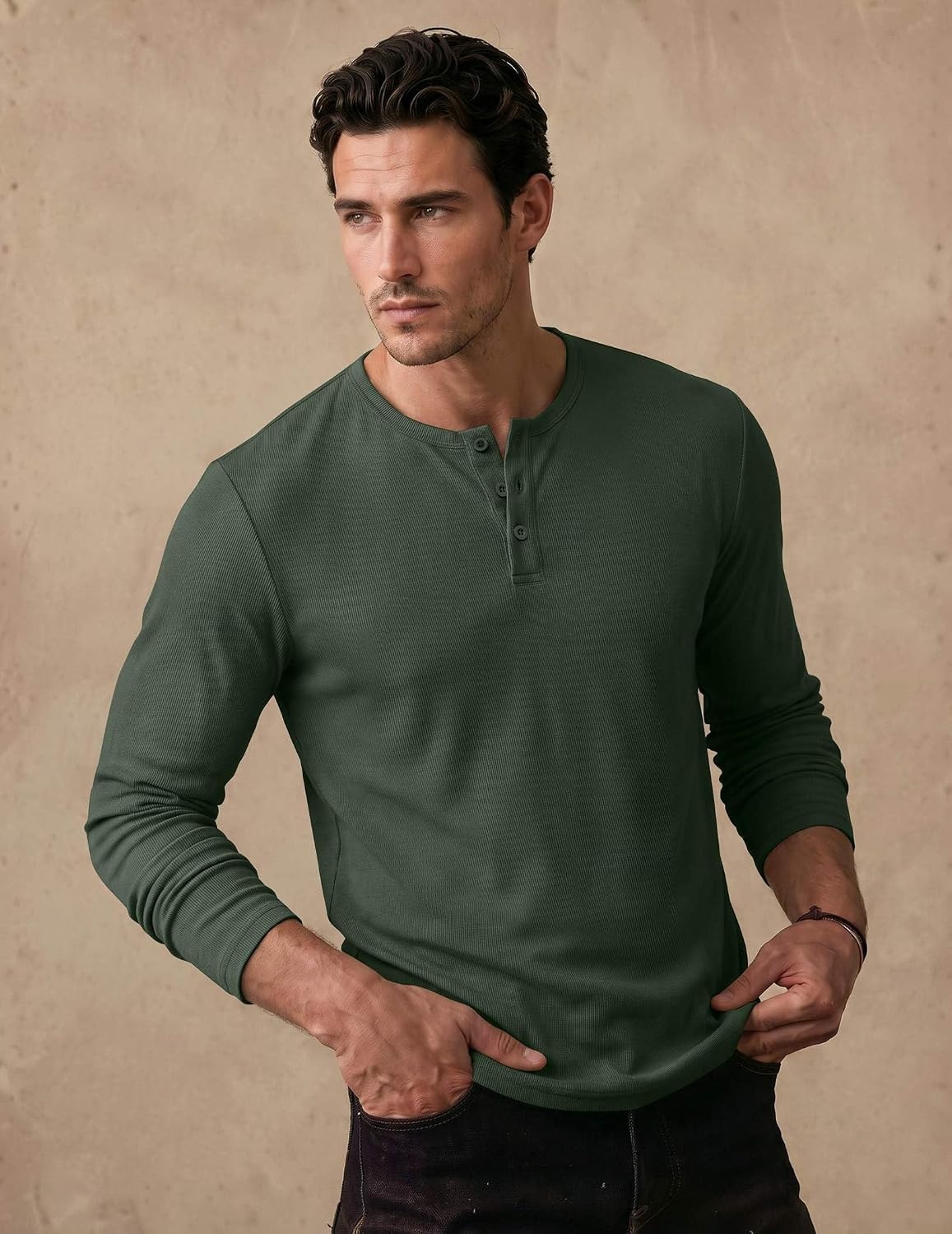 image:imageCOOFANDY Mens Henley Long Sleeve Shirt Lightweight Ribbed Pullover TShirtsArmy Green