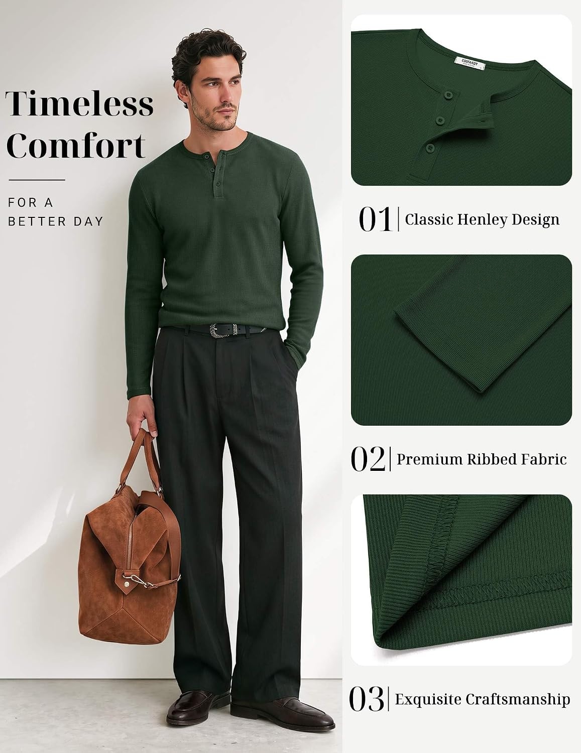 image:imageCOOFANDY Mens Henley Long Sleeve Shirt Lightweight Ribbed Pullover TShirtsArmy Green