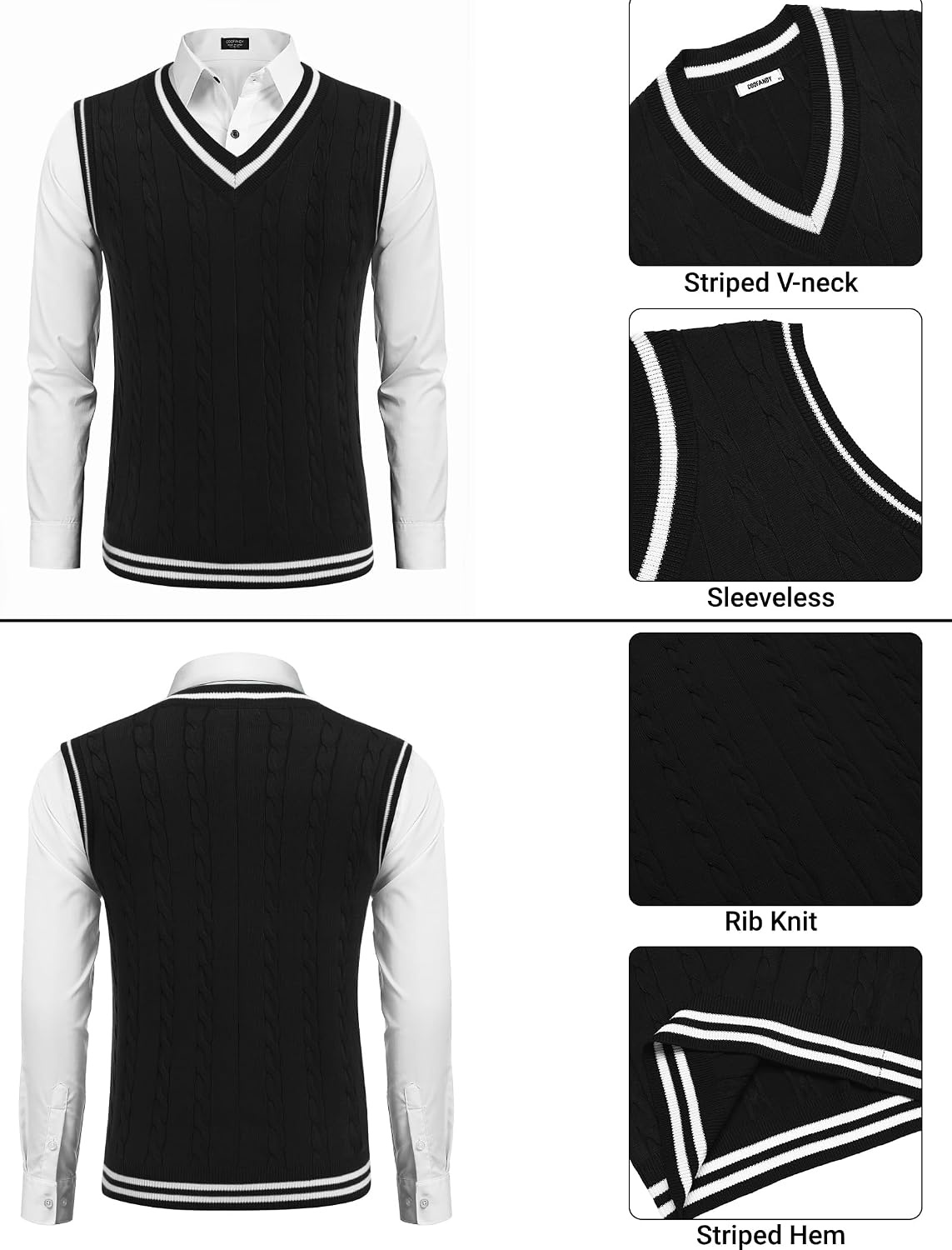 image:imageCOOFANDY Mens Sweater Vest V Neck Casual Sleeveless Knit Pullover SweaterBlack White Stripe