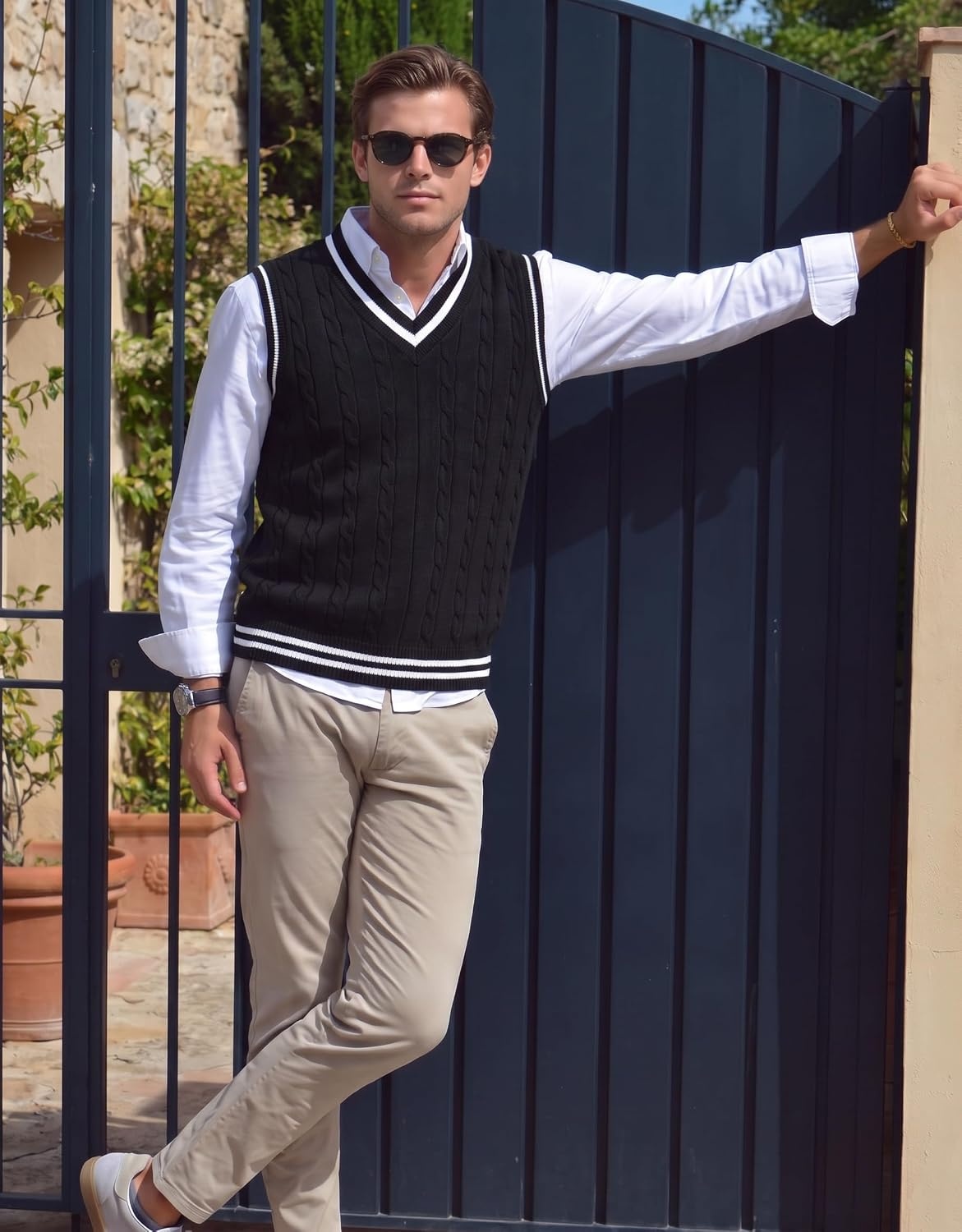 image:imageCOOFANDY Mens Sweater Vest V Neck Casual Sleeveless Knit Pullover SweaterBlack White Stripe