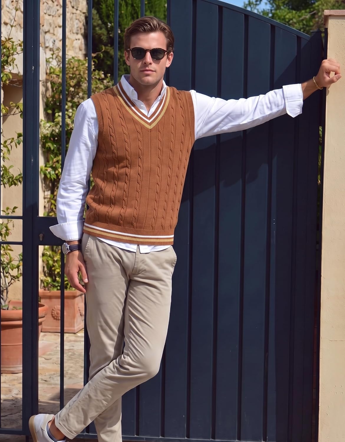 image:imageCOOFANDY Mens Sweater Vest V Neck Casual Sleeveless Knit Pullover SweaterCaramel