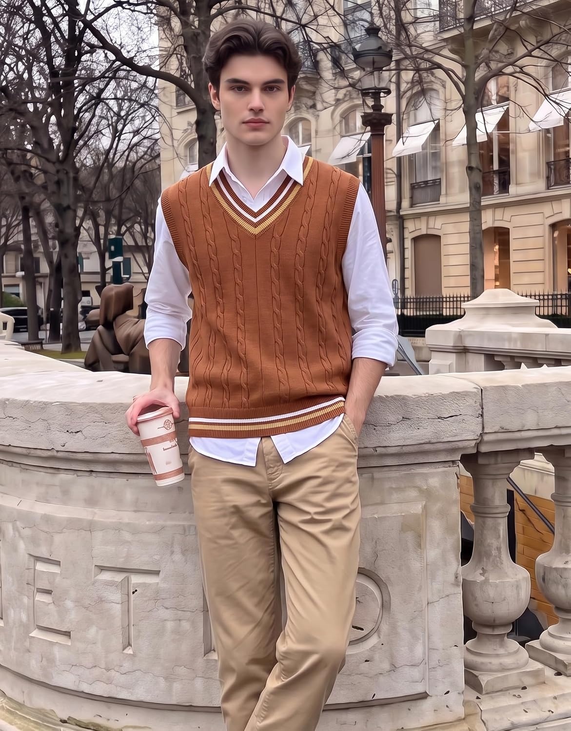 image:imageCOOFANDY Mens Sweater Vest V Neck Casual Sleeveless Knit Pullover SweaterCaramel
