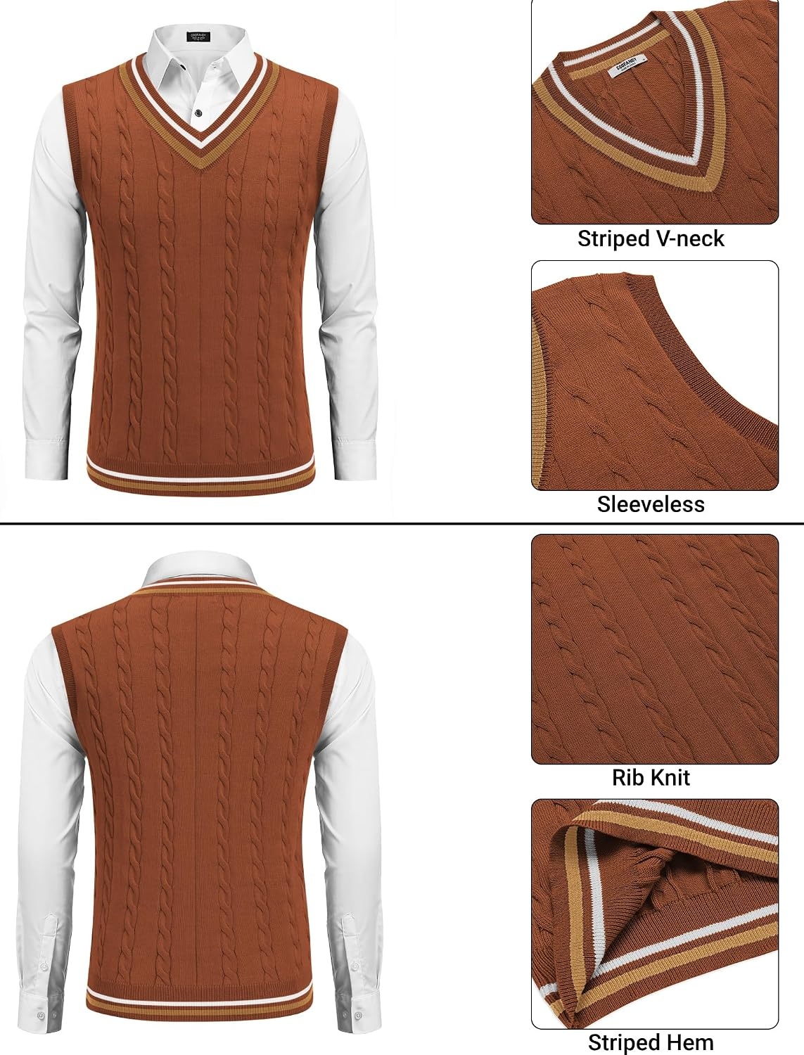 image:imageCOOFANDY Mens Sweater Vest V Neck Casual Sleeveless Knit Pullover SweaterCaramel