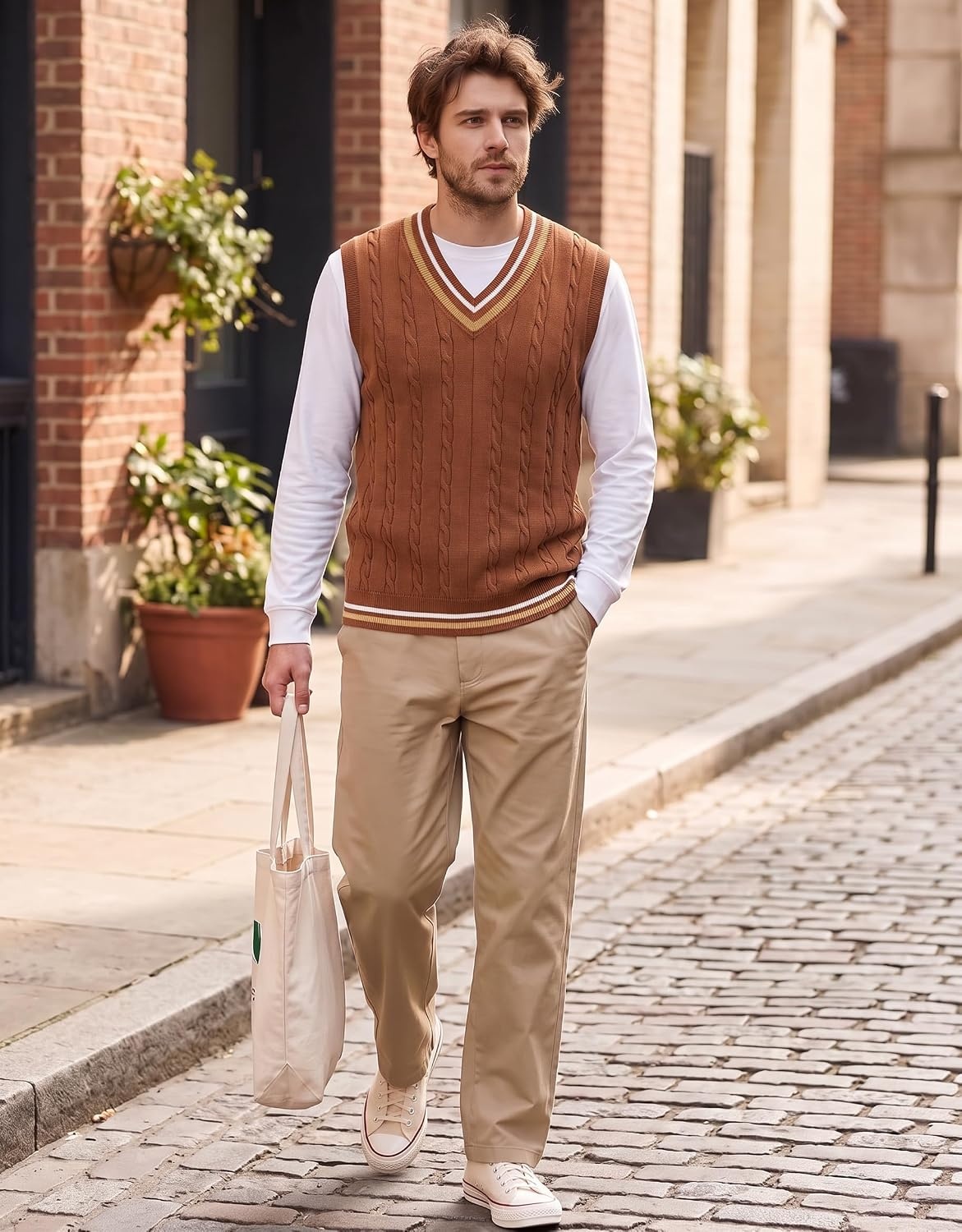 image:imageCOOFANDY Mens Sweater Vest V Neck Casual Sleeveless Knit Pullover SweaterCaramel