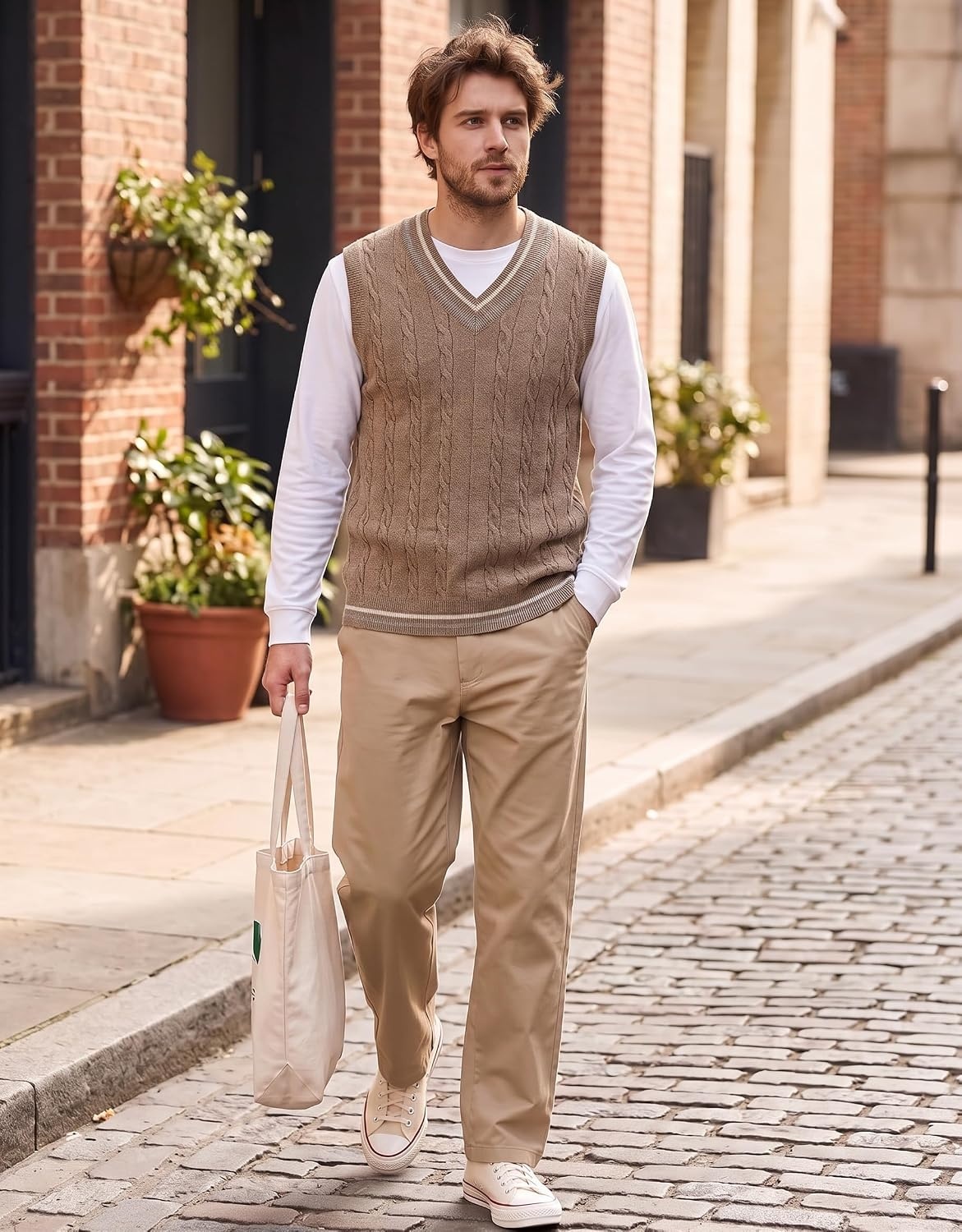 image:imageCOOFANDY Mens Sweater Vest V Neck Casual Sleeveless Knit Pullover SweaterDark Khaki