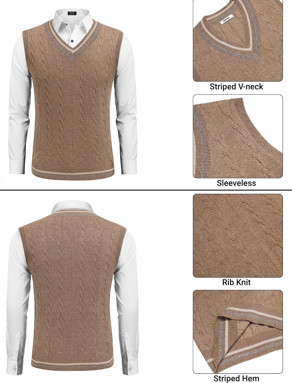 image:imageCOOFANDY Mens Sweater Vest V Neck Casual Sleeveless Knit Pullover SweaterDark Khaki