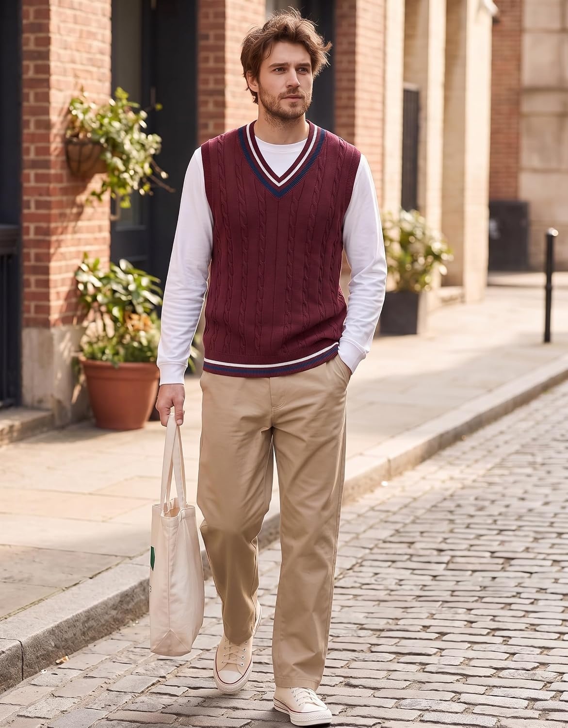 image:imageCOOFANDY Mens Sweater Vest V Neck Casual Sleeveless Knit Pullover SweaterDark Red
