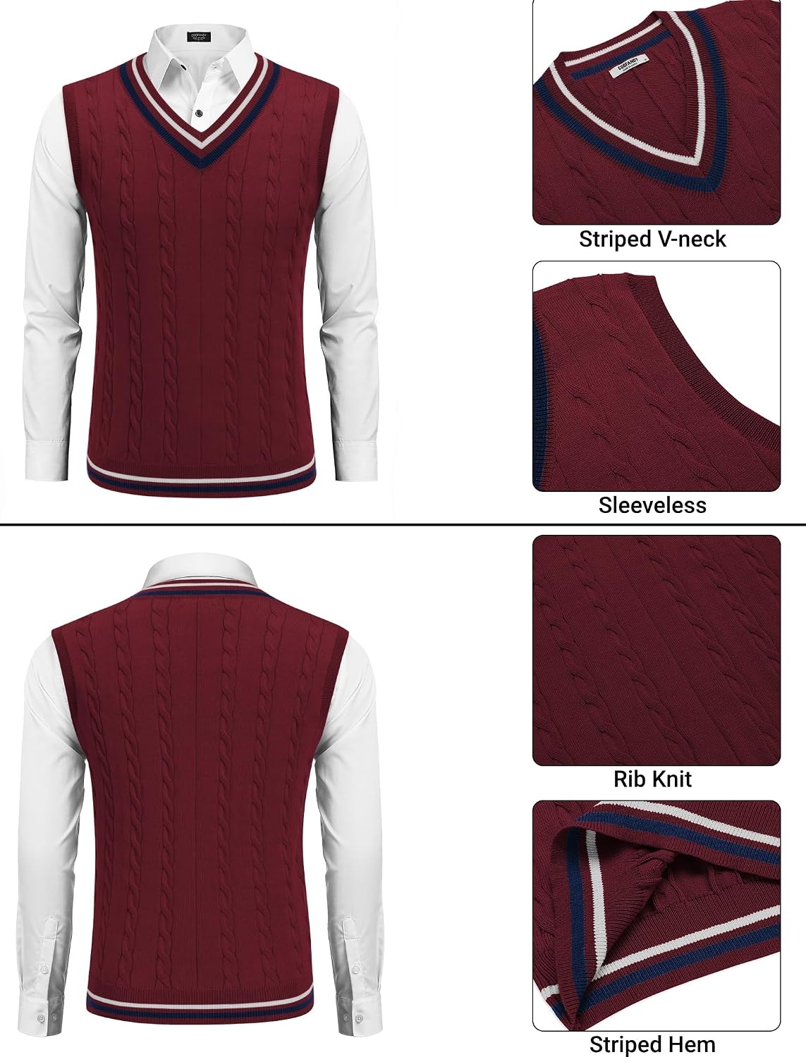 image:imageCOOFANDY Mens Sweater Vest V Neck Casual Sleeveless Knit Pullover SweaterDark Red