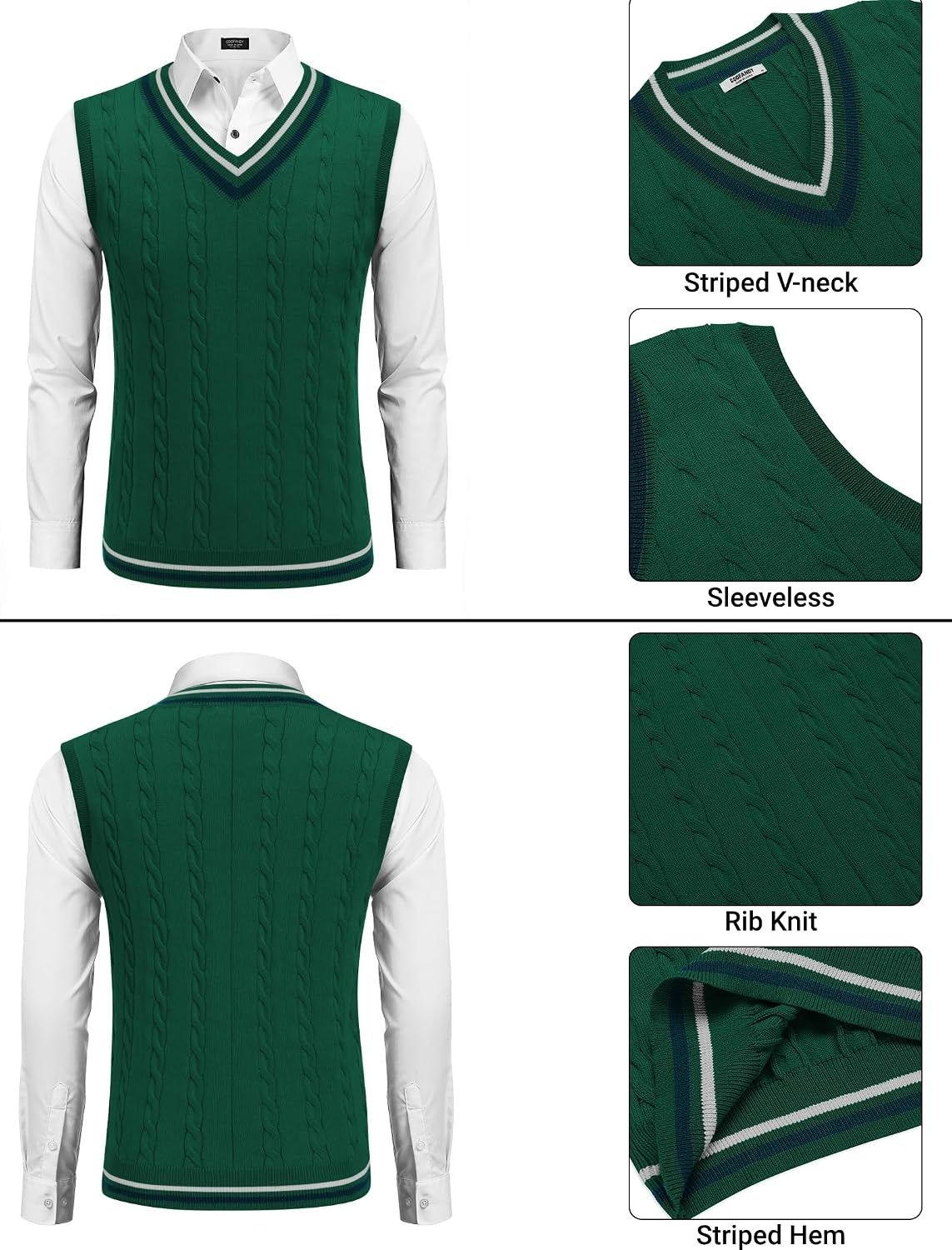 image:imageCOOFANDY Mens Sweater Vest V Neck Casual Sleeveless Knit Pullover SweaterGreen