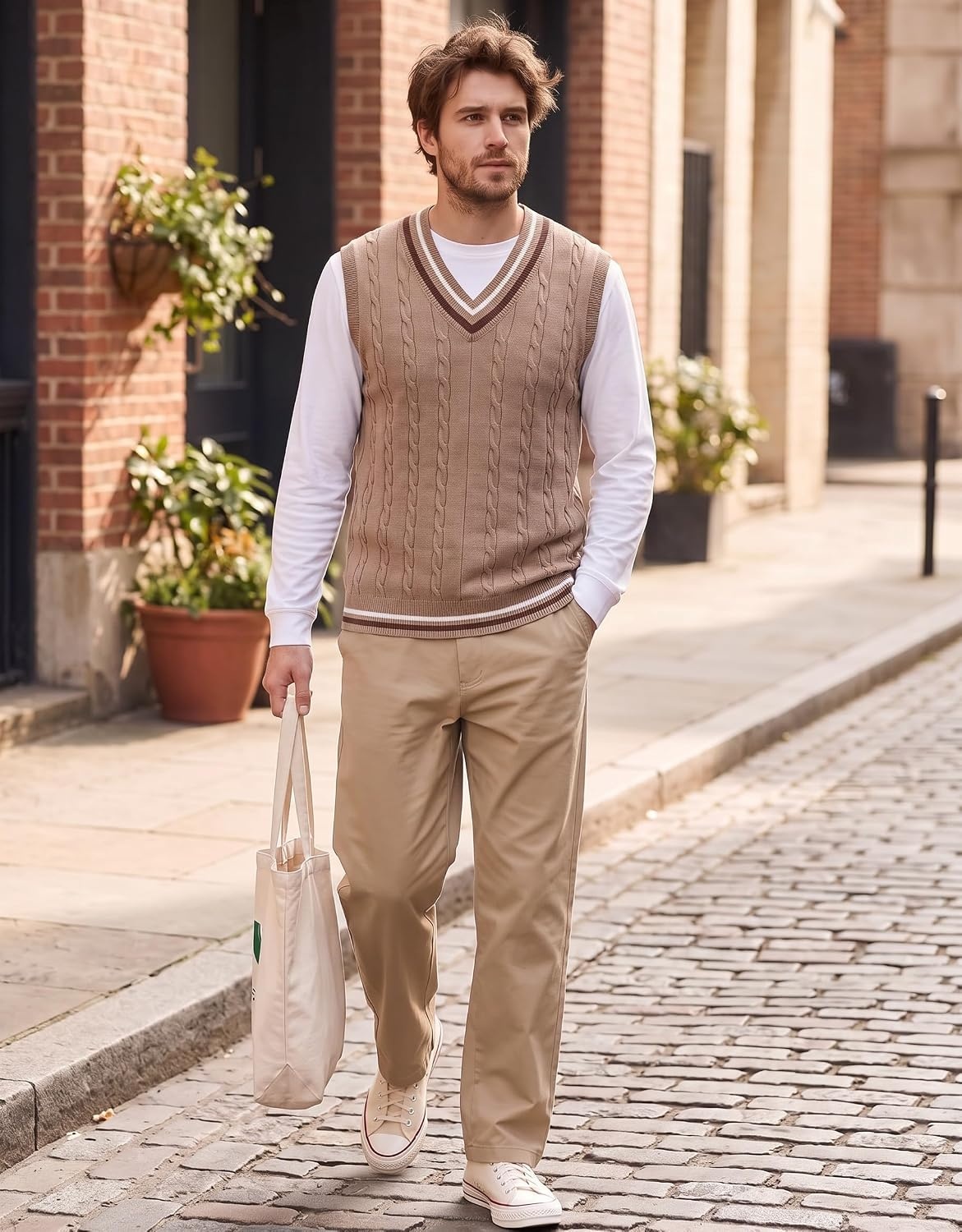 image:imageCOOFANDY Mens Sweater Vest V Neck Casual Sleeveless Knit Pullover SweaterKhaki