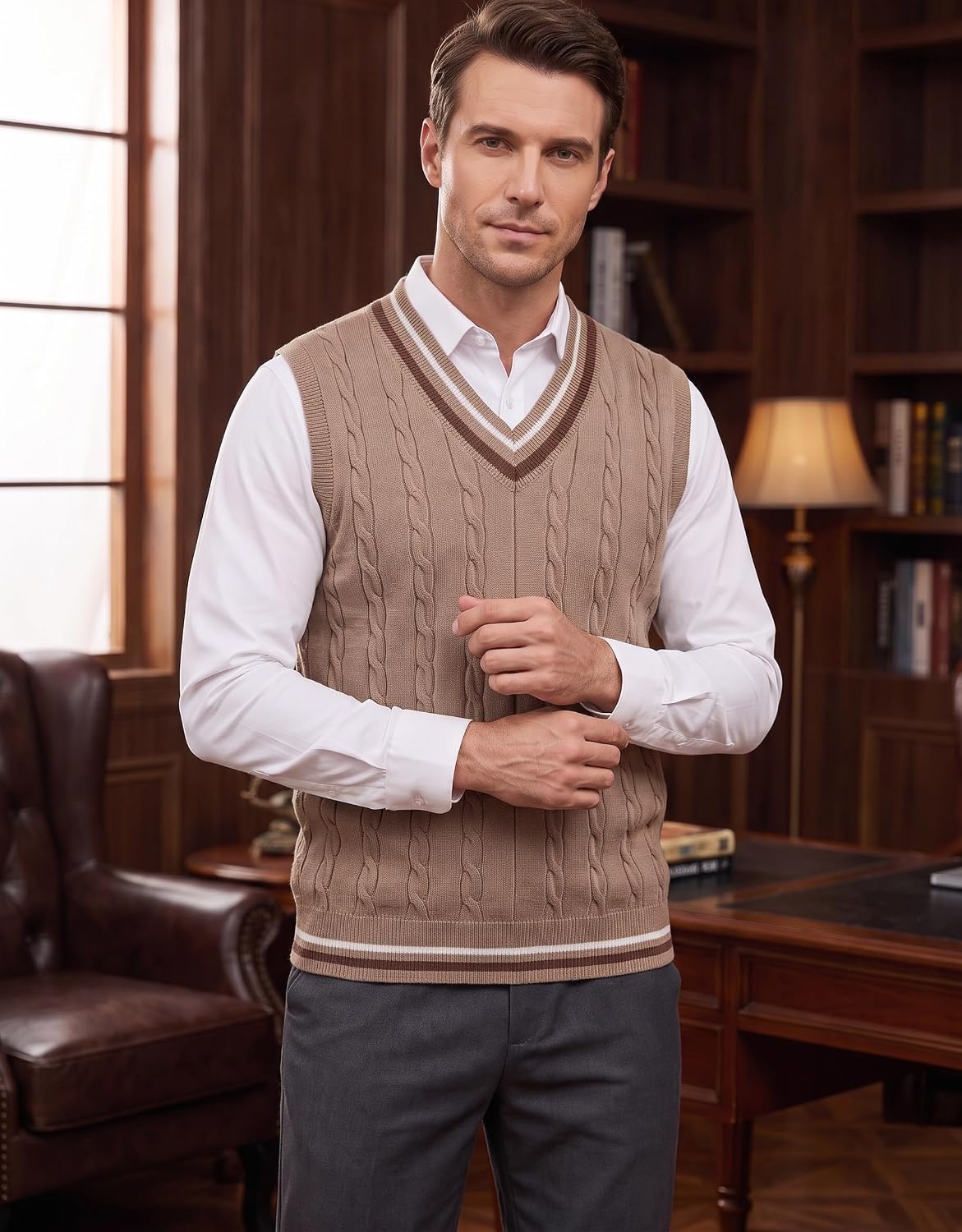 image:imageCOOFANDY Mens Sweater Vest V Neck Casual Sleeveless Knit Pullover SweaterKhaki