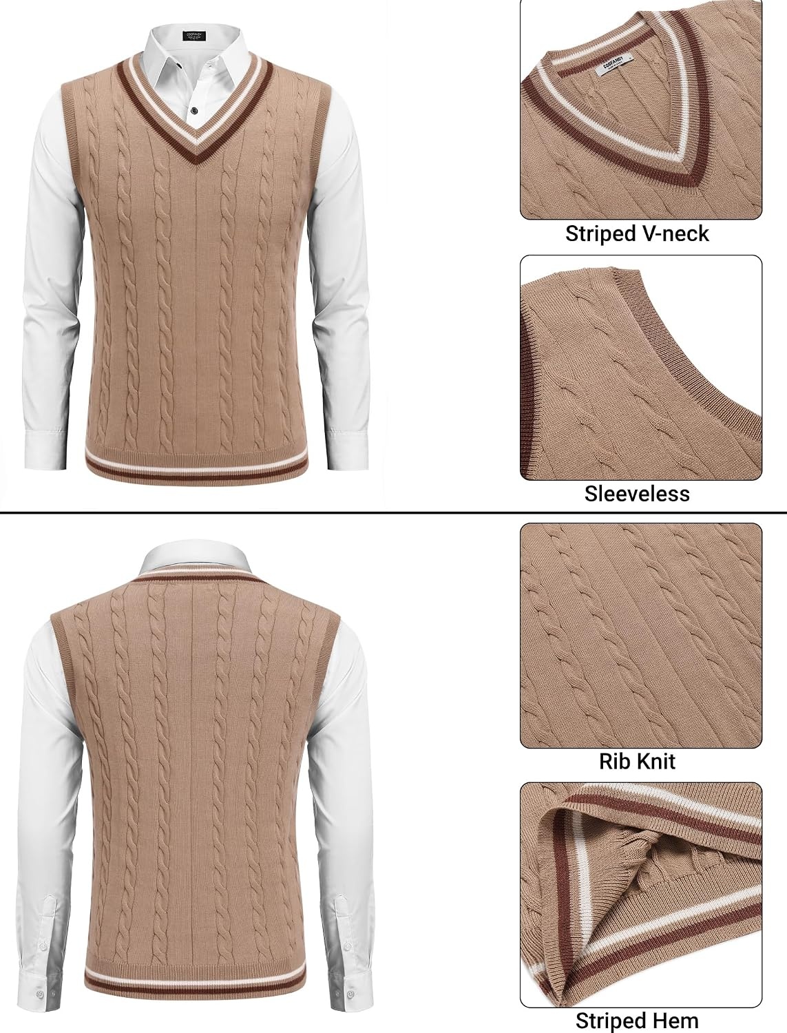 image:imageCOOFANDY Mens Sweater Vest V Neck Casual Sleeveless Knit Pullover SweaterKhaki