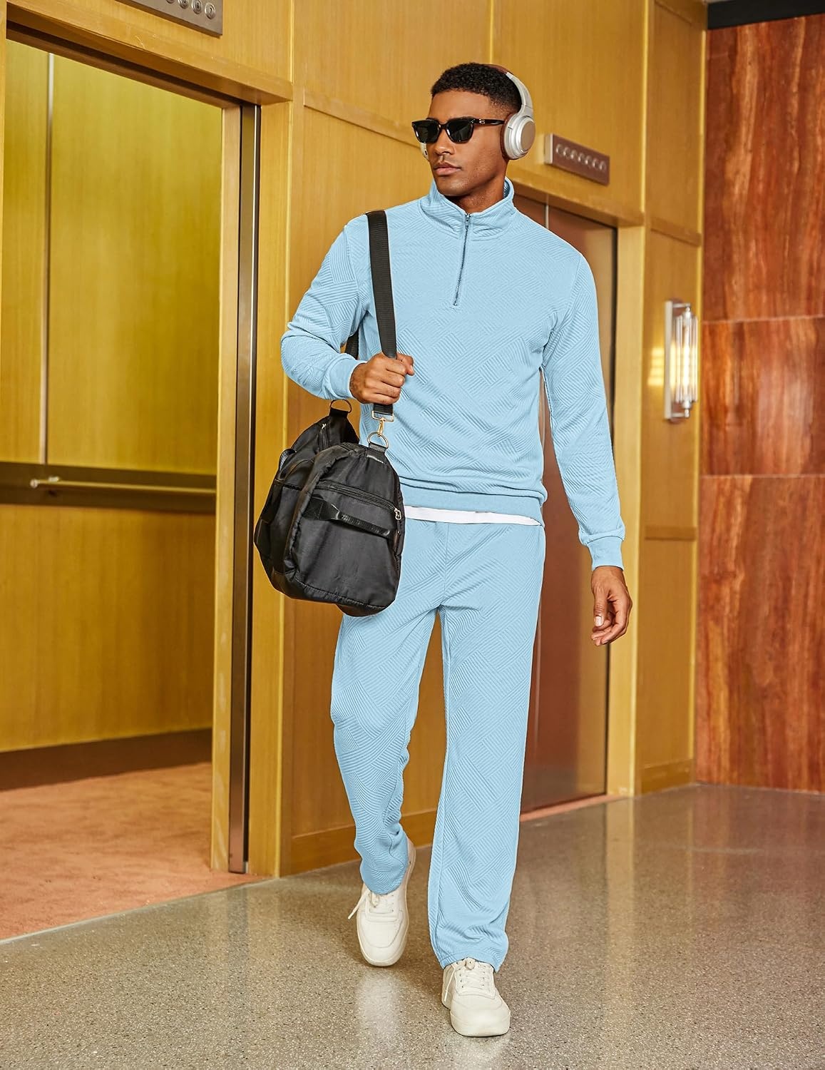 image:imageCOOFANDY Mens Tracksuit 2 Piece Set Geometric Texture Quarter Zip Pullover Sweatshirt Athletic Running SweatsuitsLight Blue